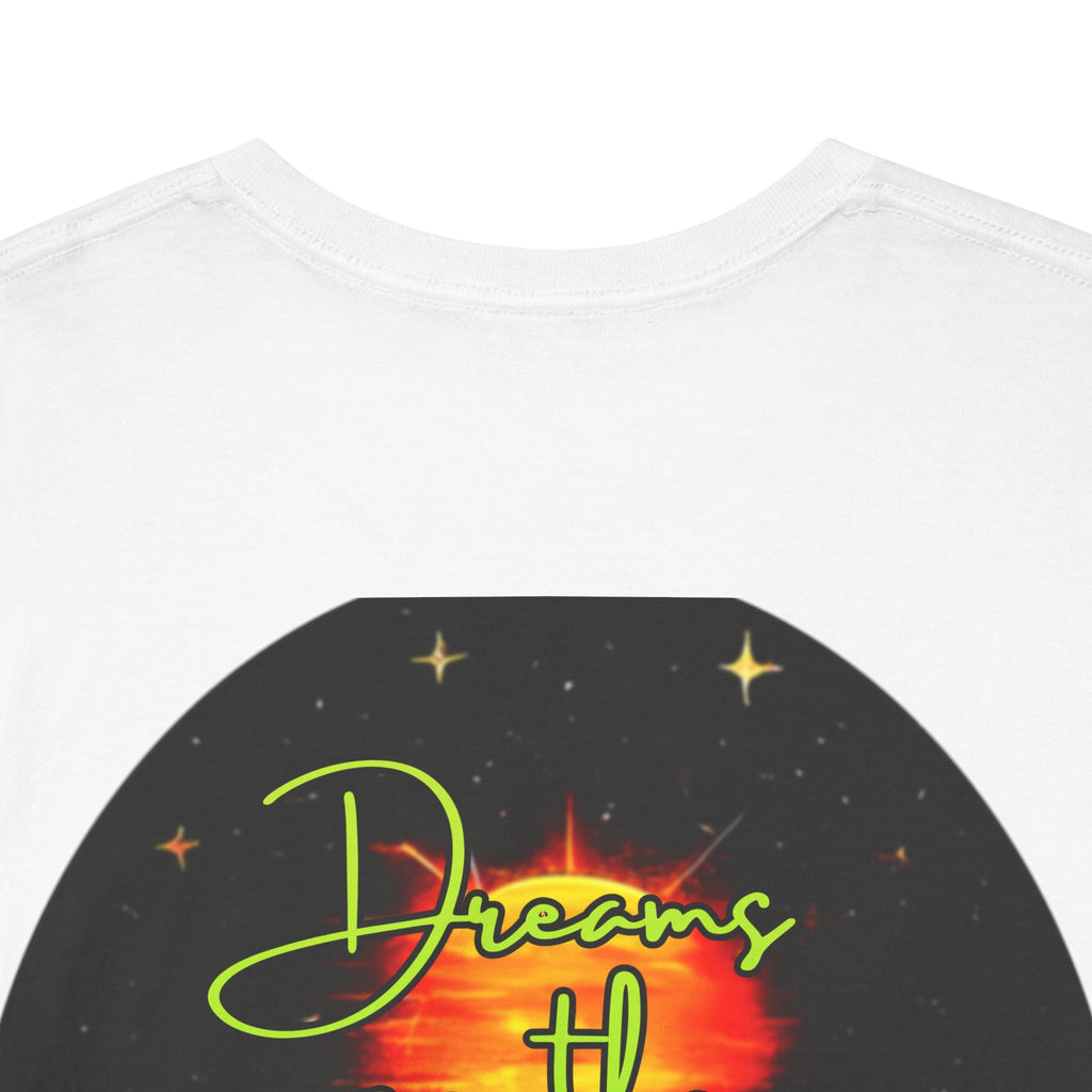 Dreams on the Horizon (Lemongrass) – Sunrise Back-Print Heavy Cotton Tee, Inspirational and Motivational Apparel, Gift for Dreamers, Creative Expression Wear