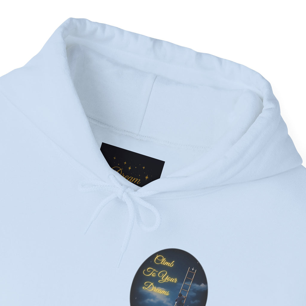 Climb To Your Dreams – Starry Night Ladder-to-Moon Back-Print Hoodie + Front Badge | Gildan 18500, Inspirational and Motivational Apparel, Gift for Dreamers, Creative Expression Wear