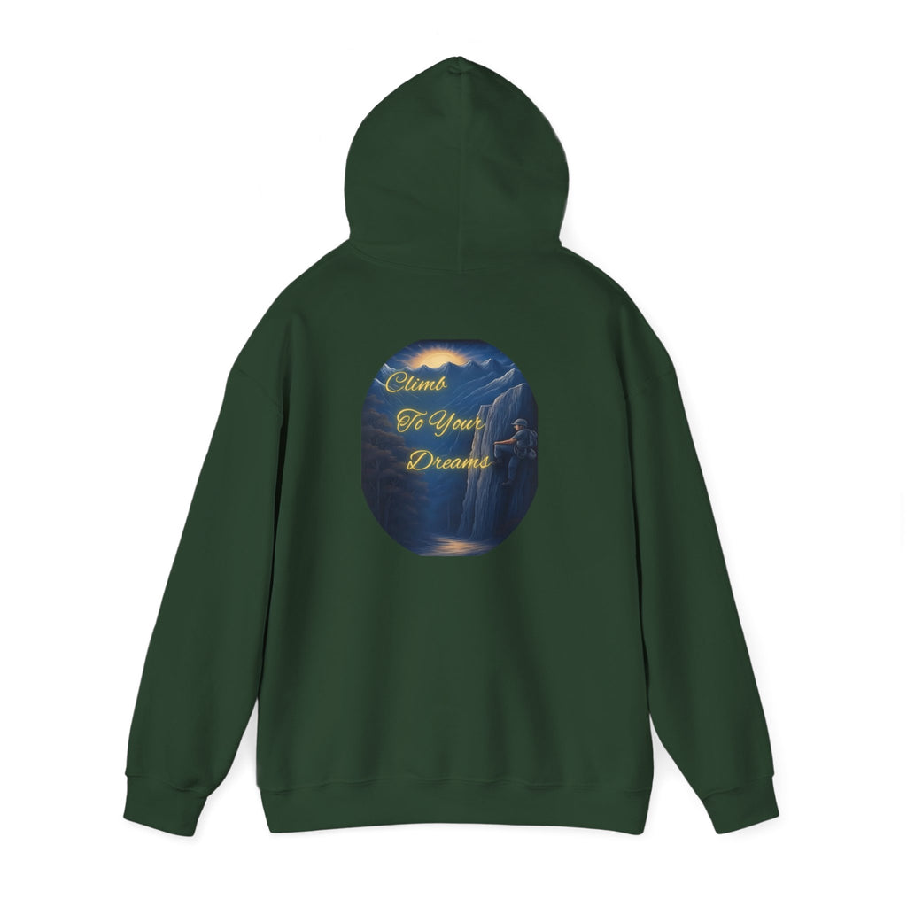 Climb To Your Dreams - Mountain Sunrise Hoodie | Back Glow Print + Front Badge | Heavy Blend™, Inspirational and Motivational Apparel, Gift for Dreamers, Creative Expression Wear