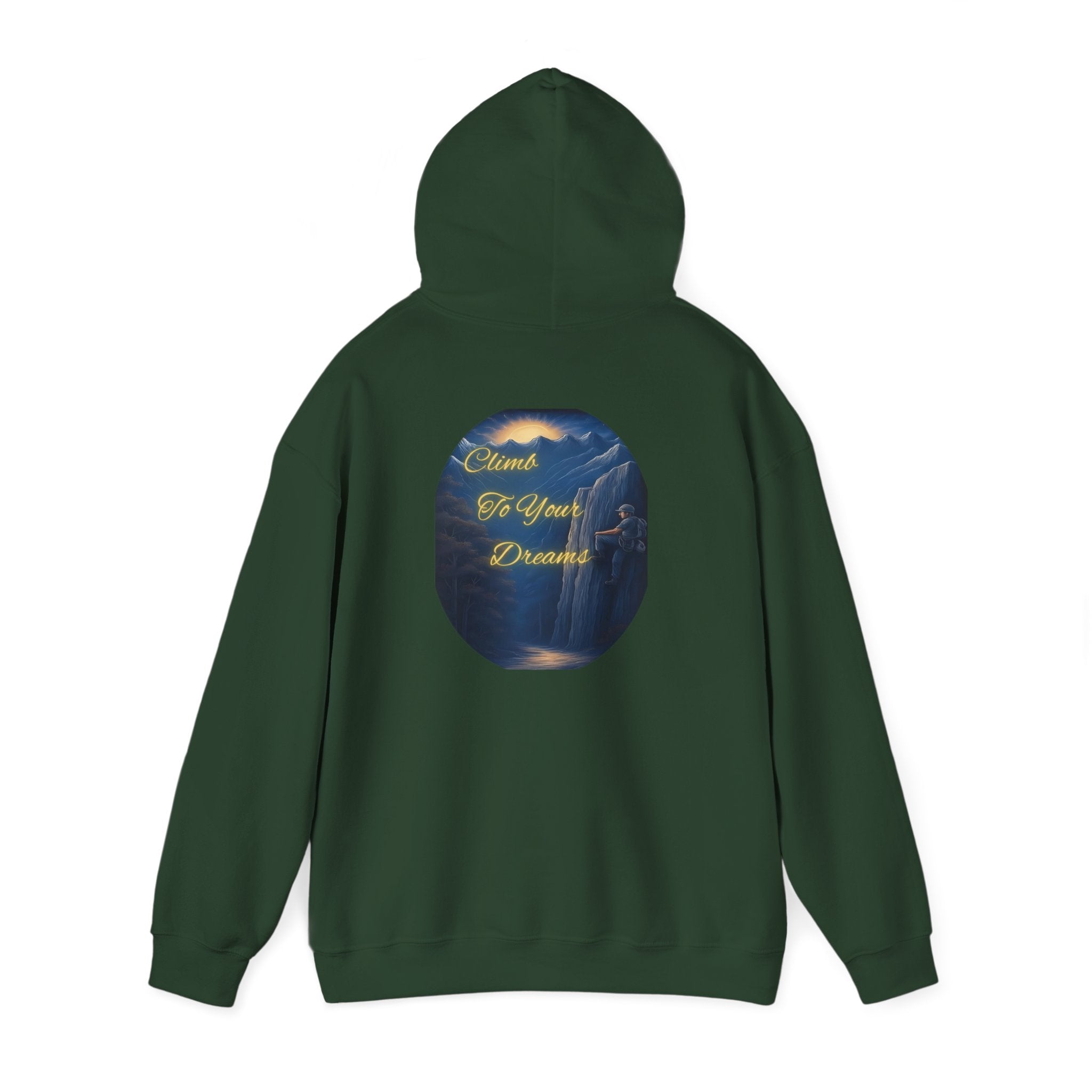 Climb To Your Dreams - Mountain Sunrise Hoodie | Back Glow Print + Front Badge | Heavy Blend™, Inspirational and Motivational Apparel, Gift for Dreamers, Creative Expression Wear