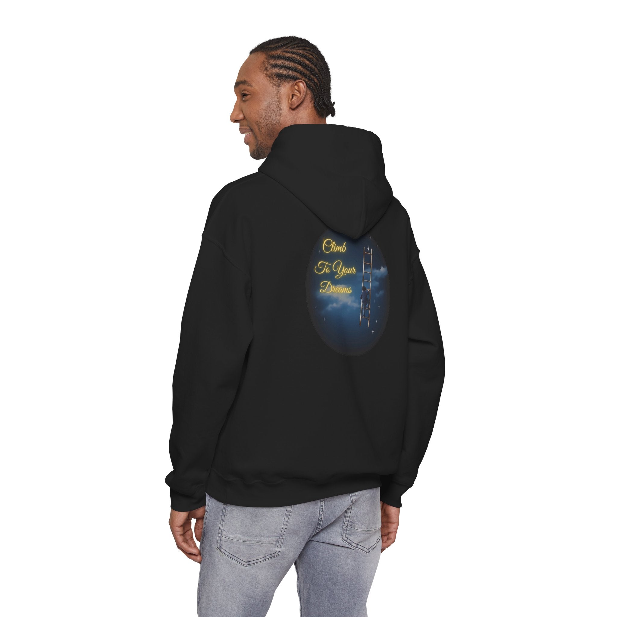 Climb To Your Dreams – Starry Night Ladder-to-Moon Back-Print Hoodie + Front Badge | Gildan 18500, Inspirational and Motivational Apparel, Gift for Dreamers, Creative Expression Wear