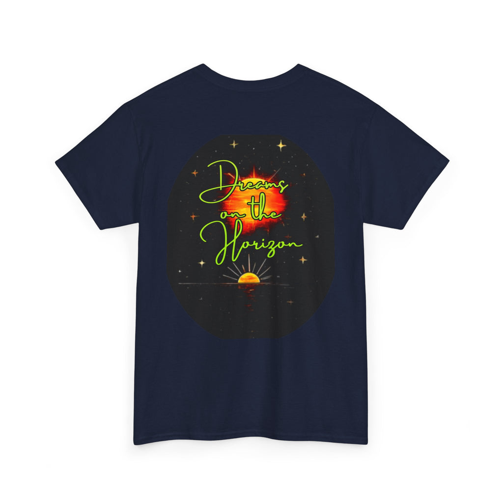 Dreams on the Horizon (Lemongrass) – Sunrise Back-Print Heavy Cotton Tee, Inspirational and Motivational Apparel, Gift for Dreamers, Creative Expression Wear