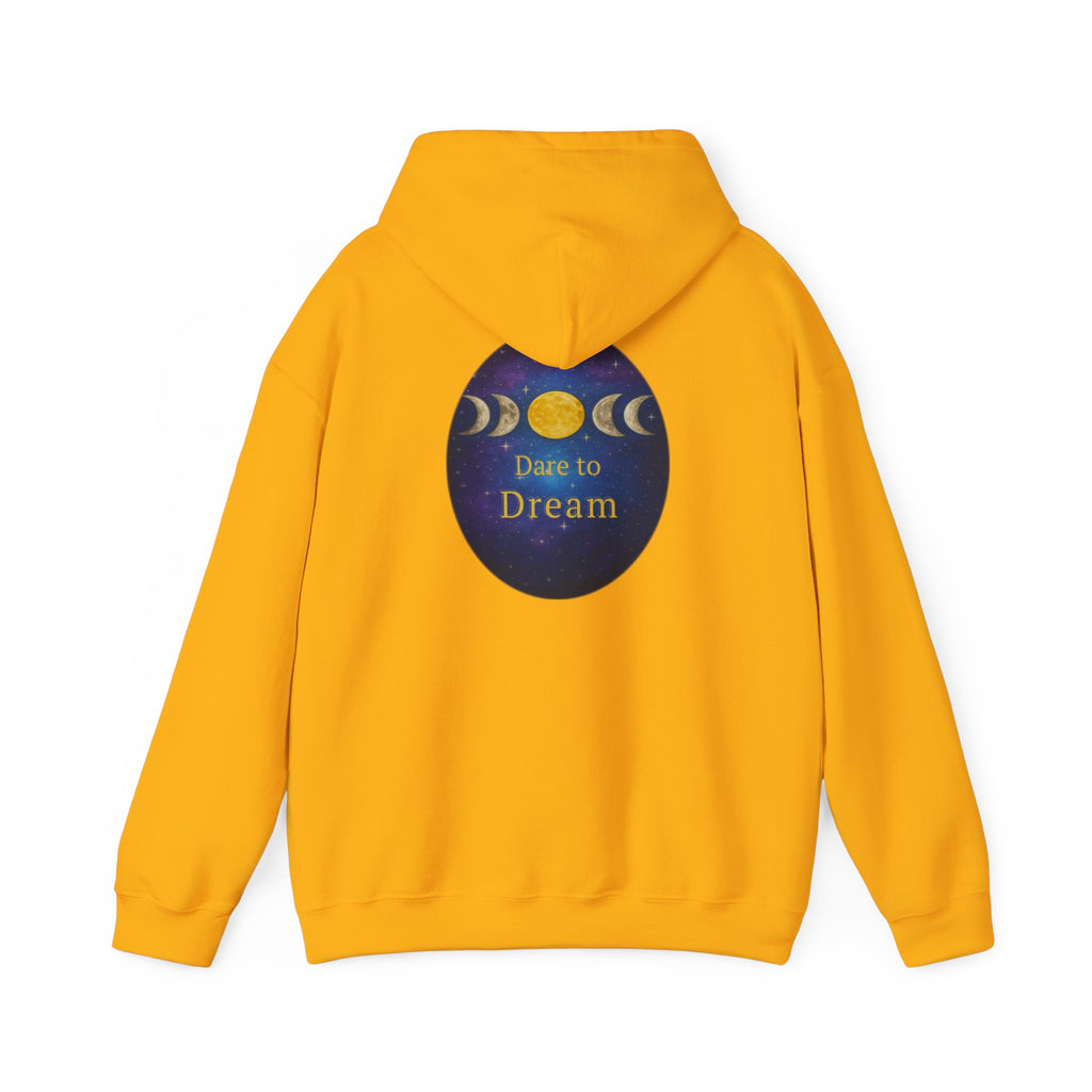 Dare to Dream Moon-Phase Hoodie | Back Glow Print + Front Badge | Heavy Blend™, Inspirational and Motivational Apparel, Gift for Dreamers, Creative Expression Wear