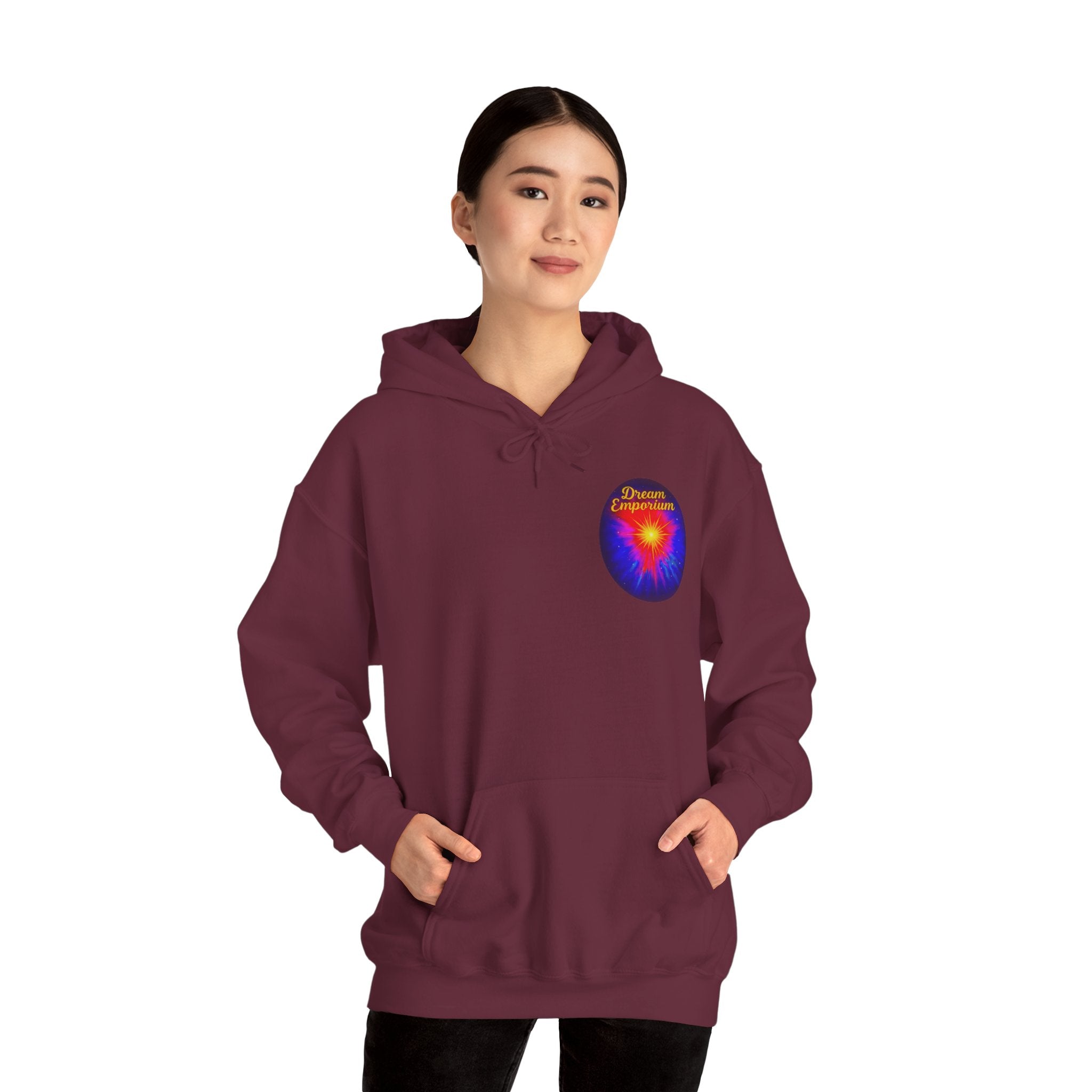 Dream Emporium – Back Printed Radiant Starburst Heavy Blend™ Hooded Sweatshirt, Inspirational and Motivational Apparel, Gift for Dreamers, Creative Expression Wear