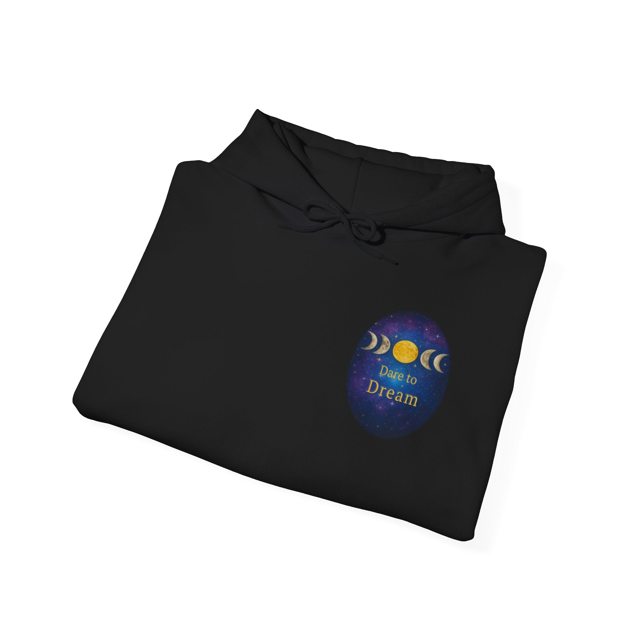 Dare to Dream Moon-Phase Hoodie | Back Glow Print + Front Badge | Heavy Blend™, Inspirational and Motivational Apparel, Gift for Dreamers, Creative Expression Wear