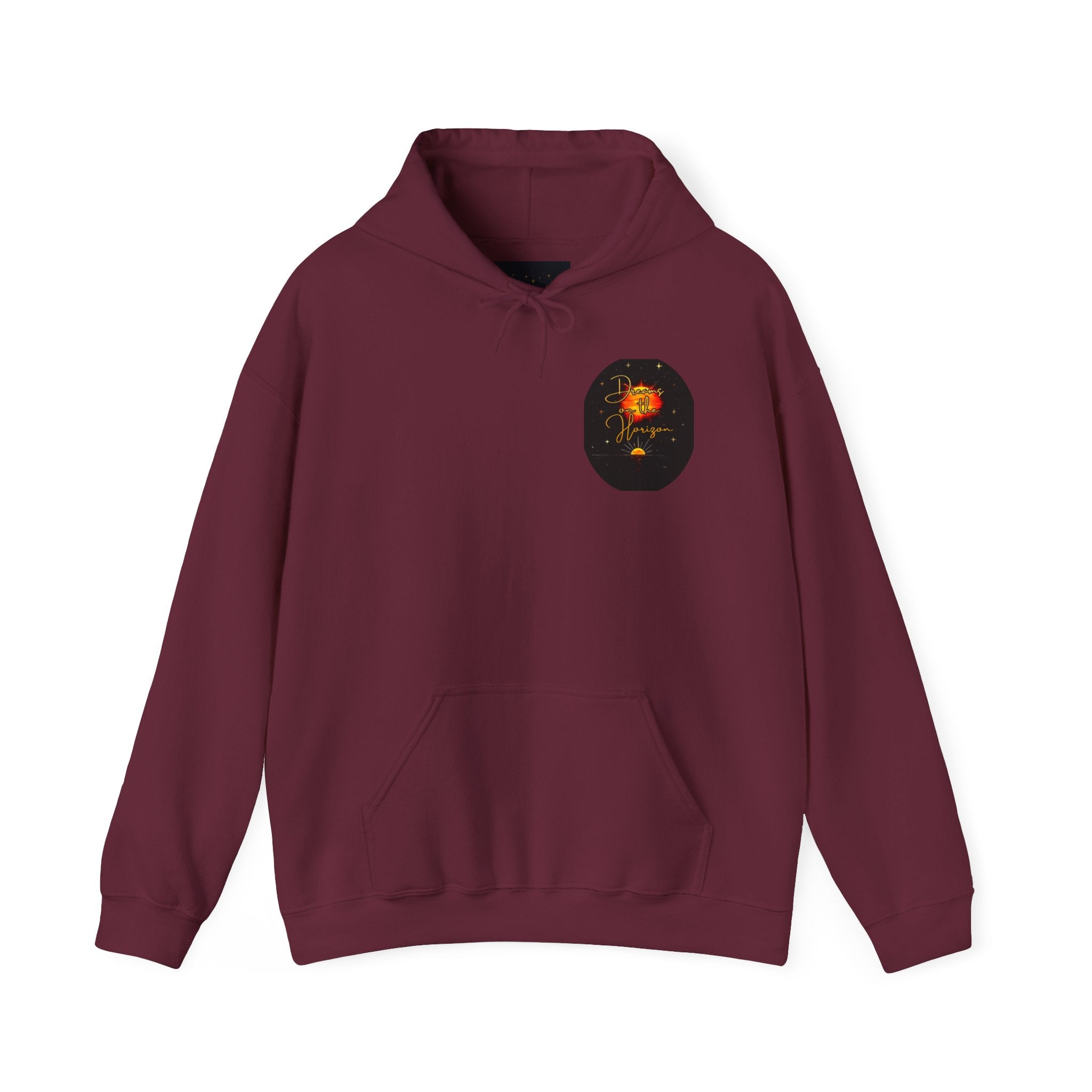 Dreams on the Horizon Sunrise Back Print Hooded Sweatshirt, Inspirational and Motivational Apparel, Gift for Dreamers, Creative Expression Wear