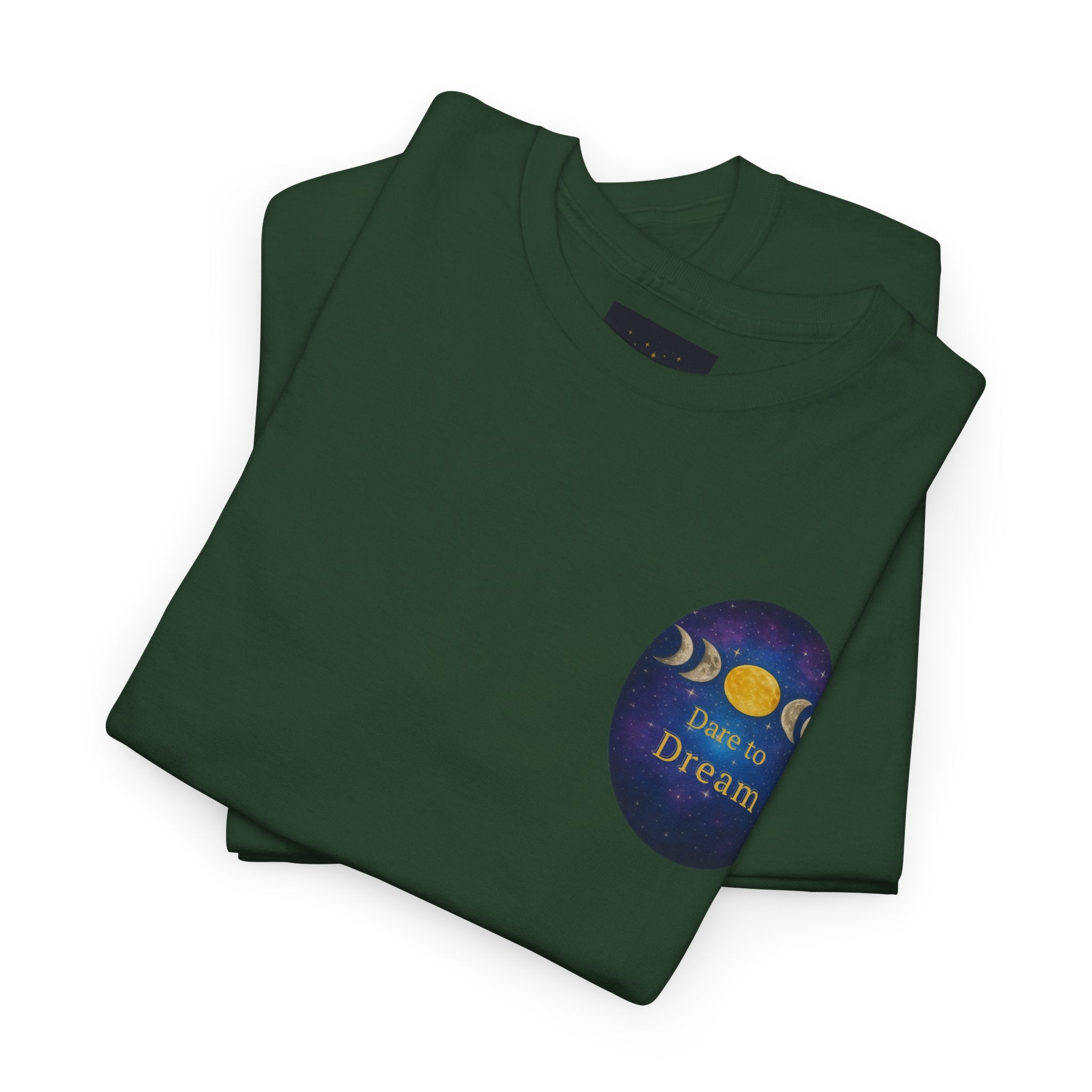 Dare to Dream Moon-Phase Tee – Golden Full Moon Back Print + Front Badge | Gildan 5000 Heavy Cotton, Inspirational and Motivational Apparel, Gift for Dreamers, Creative Expression Wear