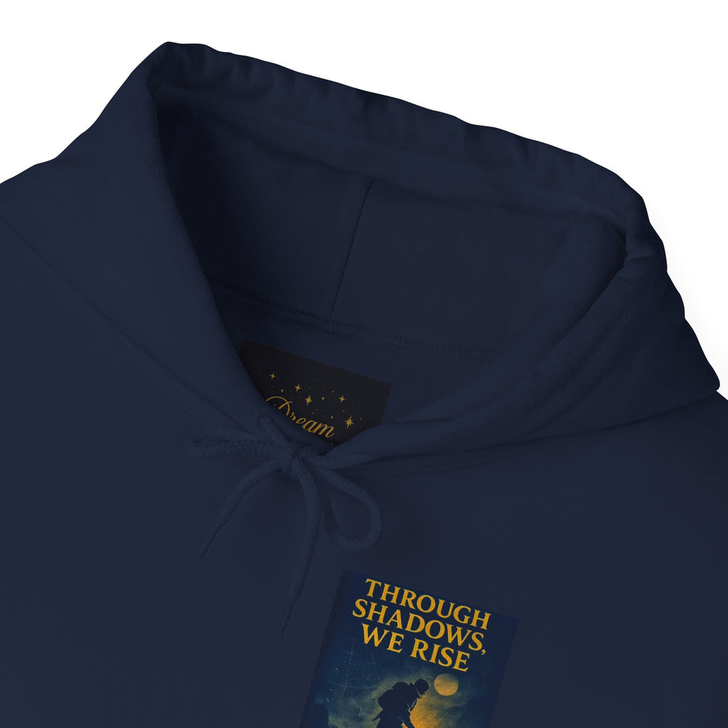 Through Shadows, We Rise – Back-print Cinematic Artwork Operation Survival Hoodie  | Gildan Heavy Blend™ 18500 — Inspirational and Motivational Apparel, Gift for Dreamers, Creative Expression Wear