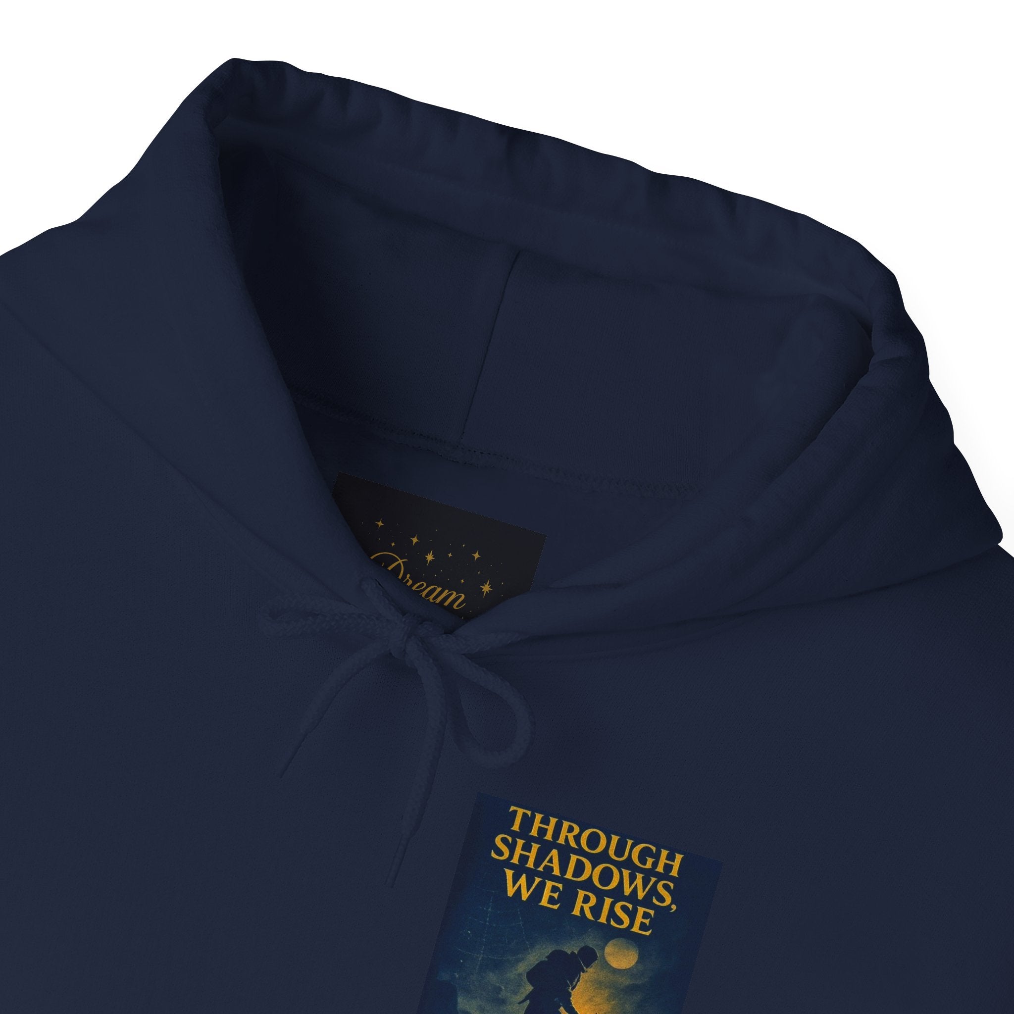 Through Shadows, We Rise – Back-print Cinematic Artwork Operation Survival Hoodie  | Gildan Heavy Blend™ 18500 — Inspirational and Motivational Apparel, Gift for Dreamers, Creative Expression Wear