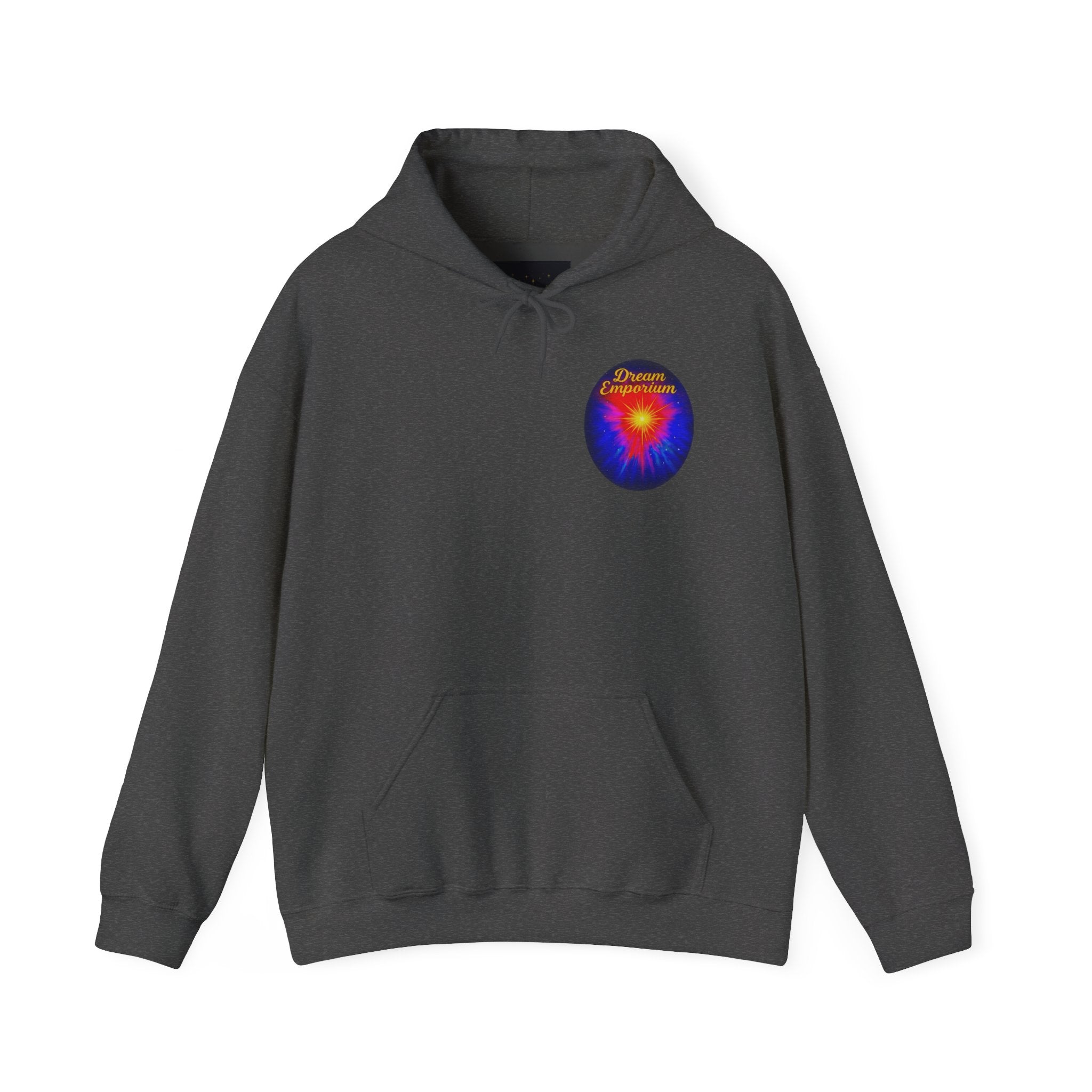 Dream Emporium – Back Printed Radiant Starburst Heavy Blend™ Hooded Sweatshirt, Inspirational and Motivational Apparel, Gift for Dreamers, Creative Expression Wear