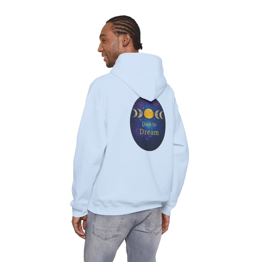 Dare to Dream Moon-Phase Hoodie | Back Glow Print + Front Badge | Heavy Blend™, Inspirational and Motivational Apparel, Gift for Dreamers, Creative Expression Wear