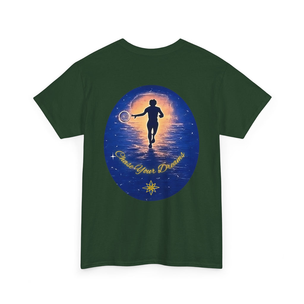 Chase Your Dreams – Sunrise Silhouette Back Printed Heavy Cotton Tee, Inspirational and Motivational Apparel, Gift for Dreamers, Creative Expression Wear