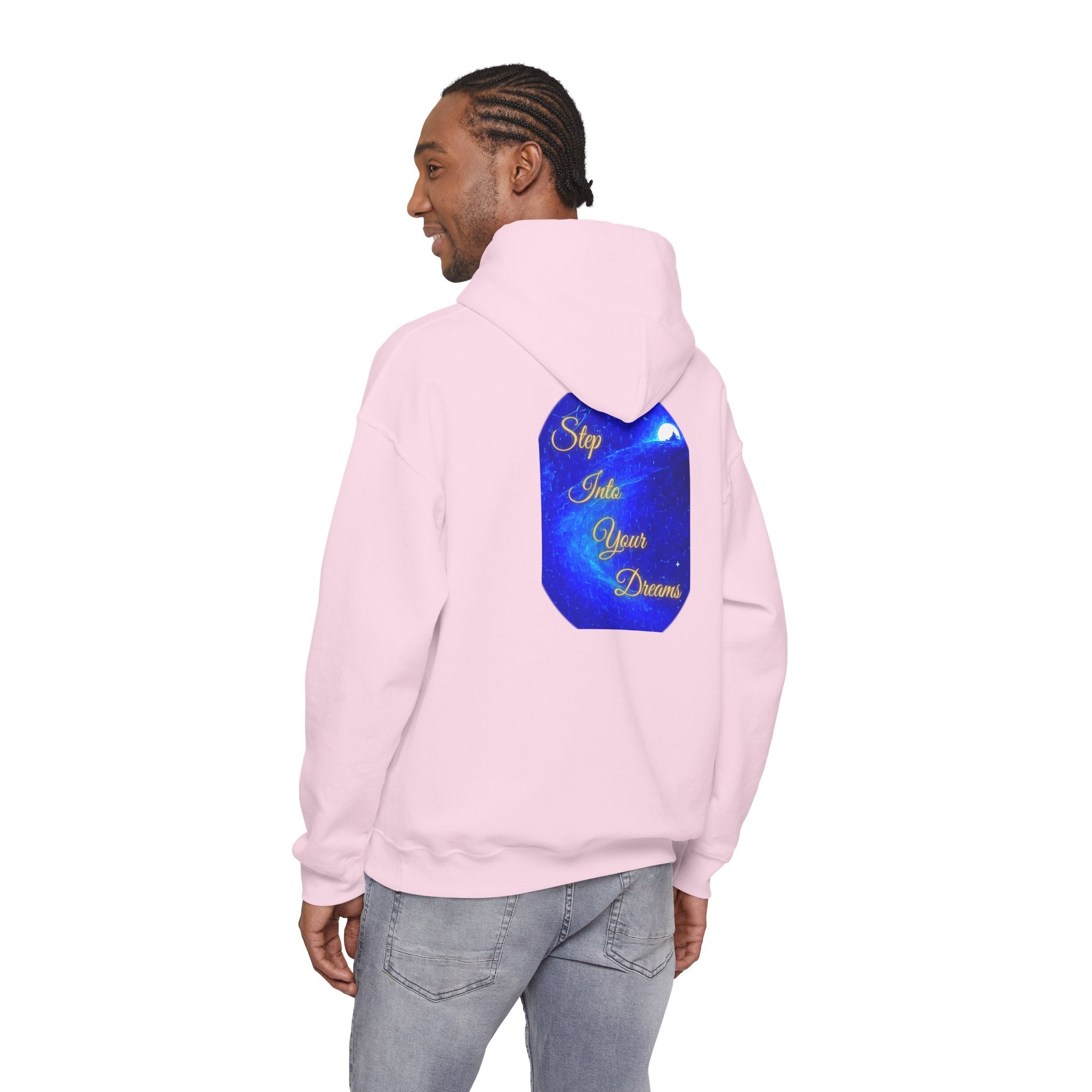 Step Into Your Dreams – Cosmic Gateway Back-print Hoodie | Tiny front badge | Gildan Heavy Blend™. Inspirational and Motivational Apparel, Gift for Dreamers, Creative Expression