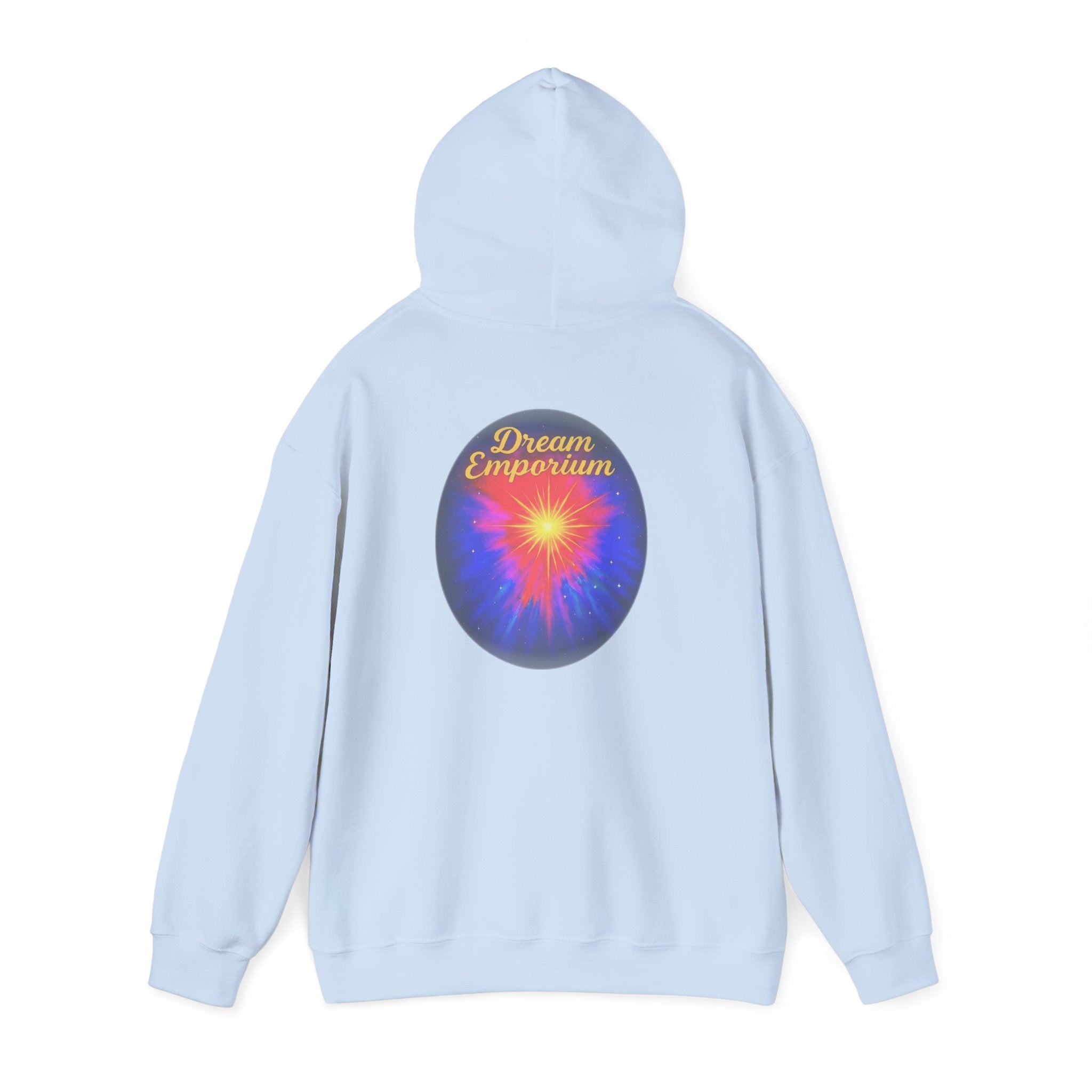 Dream Emporium – Back Printed Radiant Starburst Heavy Blend™ Hooded Sweatshirt, Inspirational and Motivational Apparel, Gift for Dreamers, Creative Expression Wear