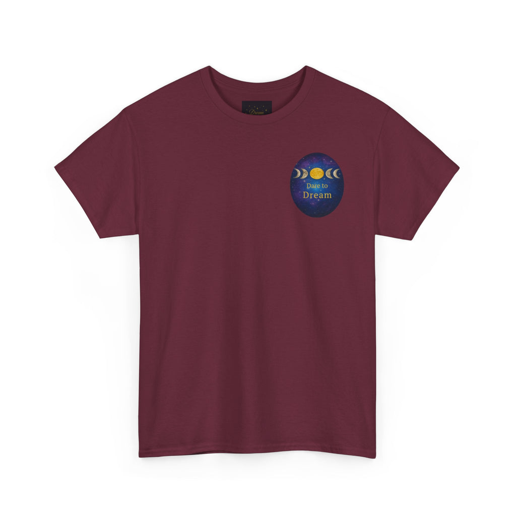 Dare to Dream Moon-Phase Tee – Golden Full Moon Back Print + Front Badge | Gildan 5000 Heavy Cotton, Inspirational and Motivational Apparel, Gift for Dreamers, Creative Expression Wear