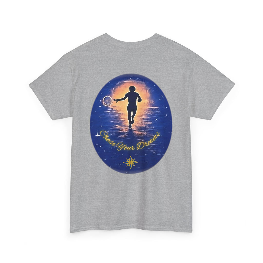 Chase Your Dreams – Sunrise Silhouette Back Printed Heavy Cotton Tee, Inspirational and Motivational Apparel, Gift for Dreamers, Creative Expression Wear