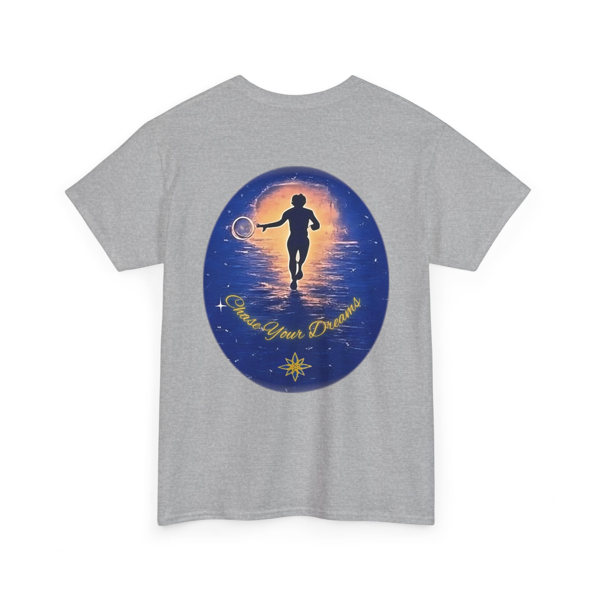 Chase Your Dreams – Sunrise Silhouette Back Printed Heavy Cotton Tee, Inspirational and Motivational Apparel, Gift for Dreamers, Creative Expression Wear