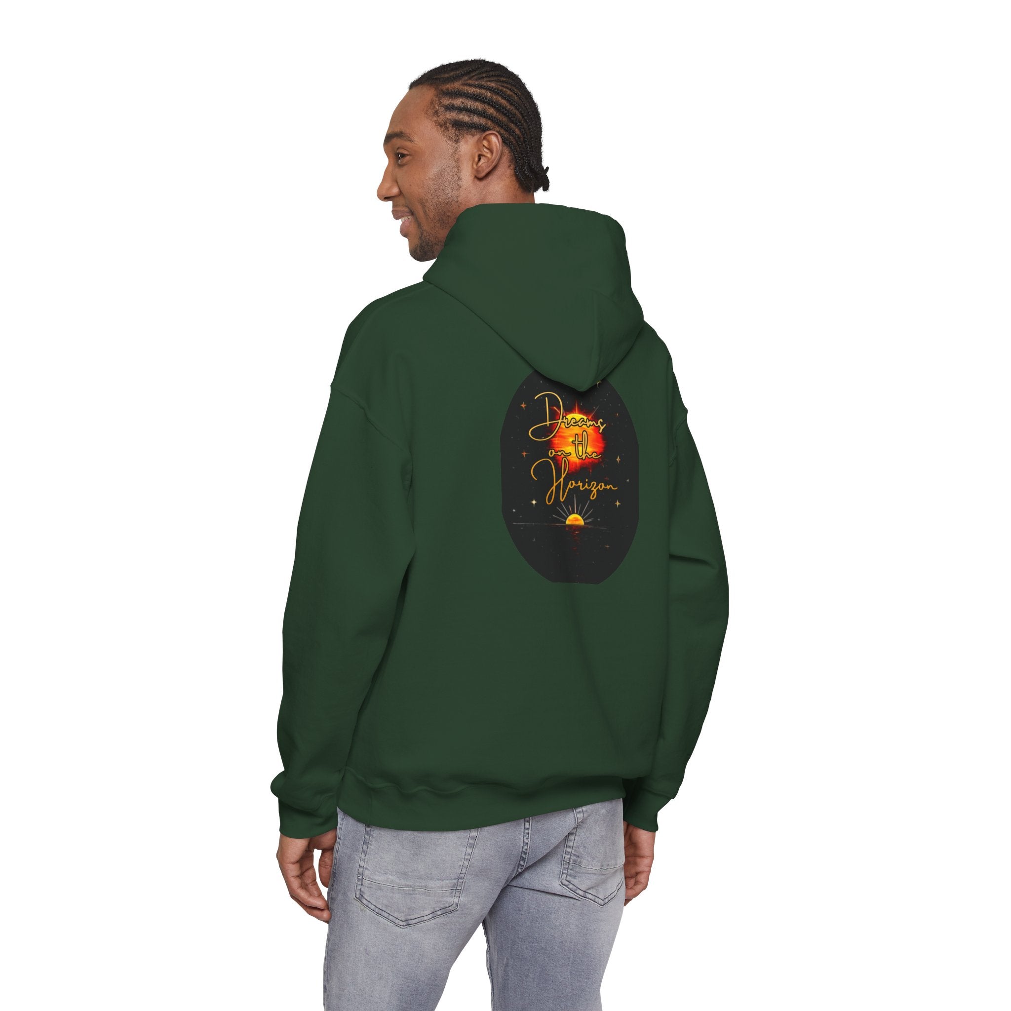 Dreams on the Horizon Sunrise Back Print Hooded Sweatshirt, Inspirational and Motivational Apparel, Gift for Dreamers, Creative Expression Wear