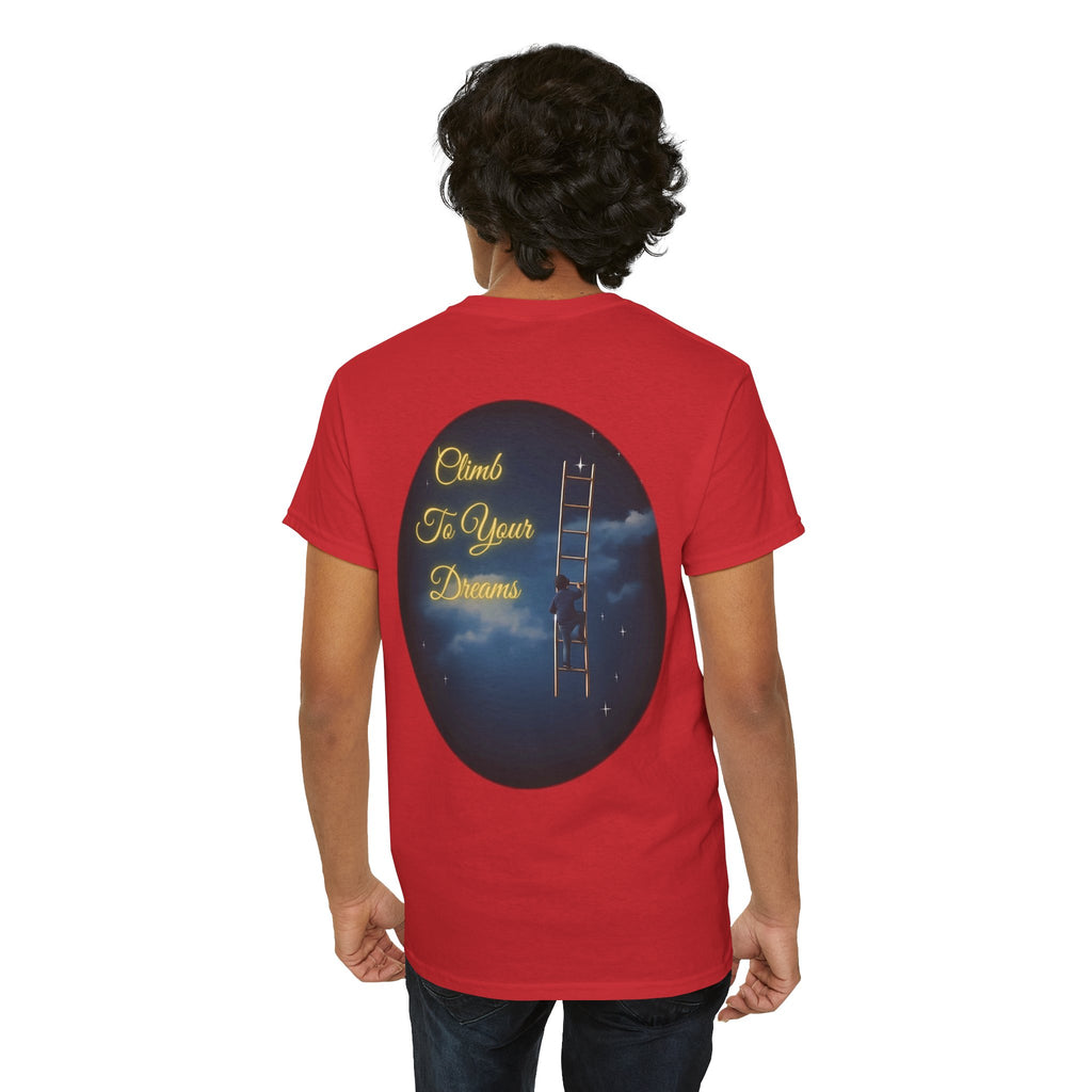 Climb To Your Dreams – Starry Night Ladder Back-Print Tee + Front Badge | Gildan 5000, Inspirational and Motivational Apparel, Gift for Dreamers, Creative Expression Wear