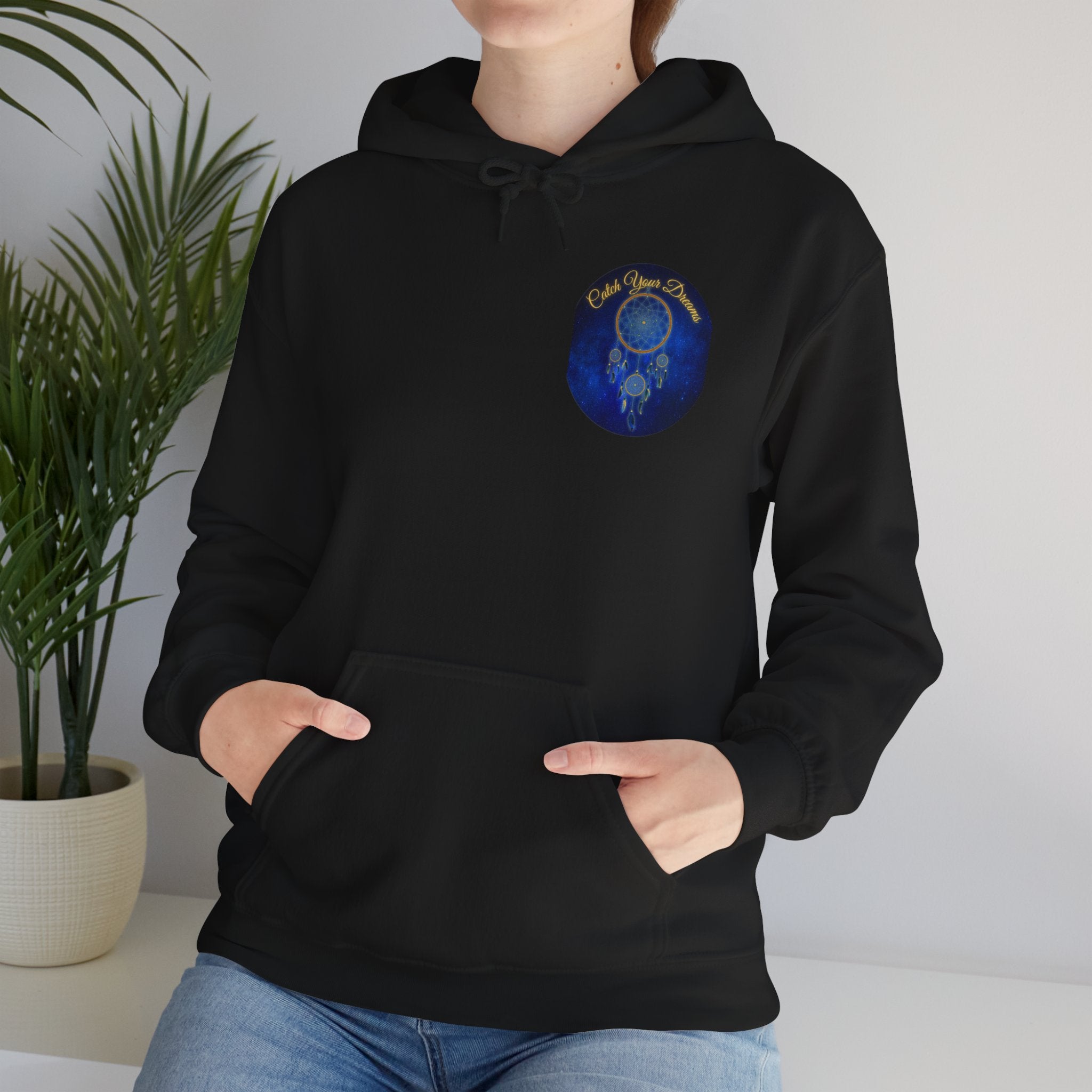 Catch Your Dream – Dreamcatcher Back Print Hooded Sweatshirt, Inspirational and Motivational Apparel, Gift for Dreamers, Creative Expression Wear