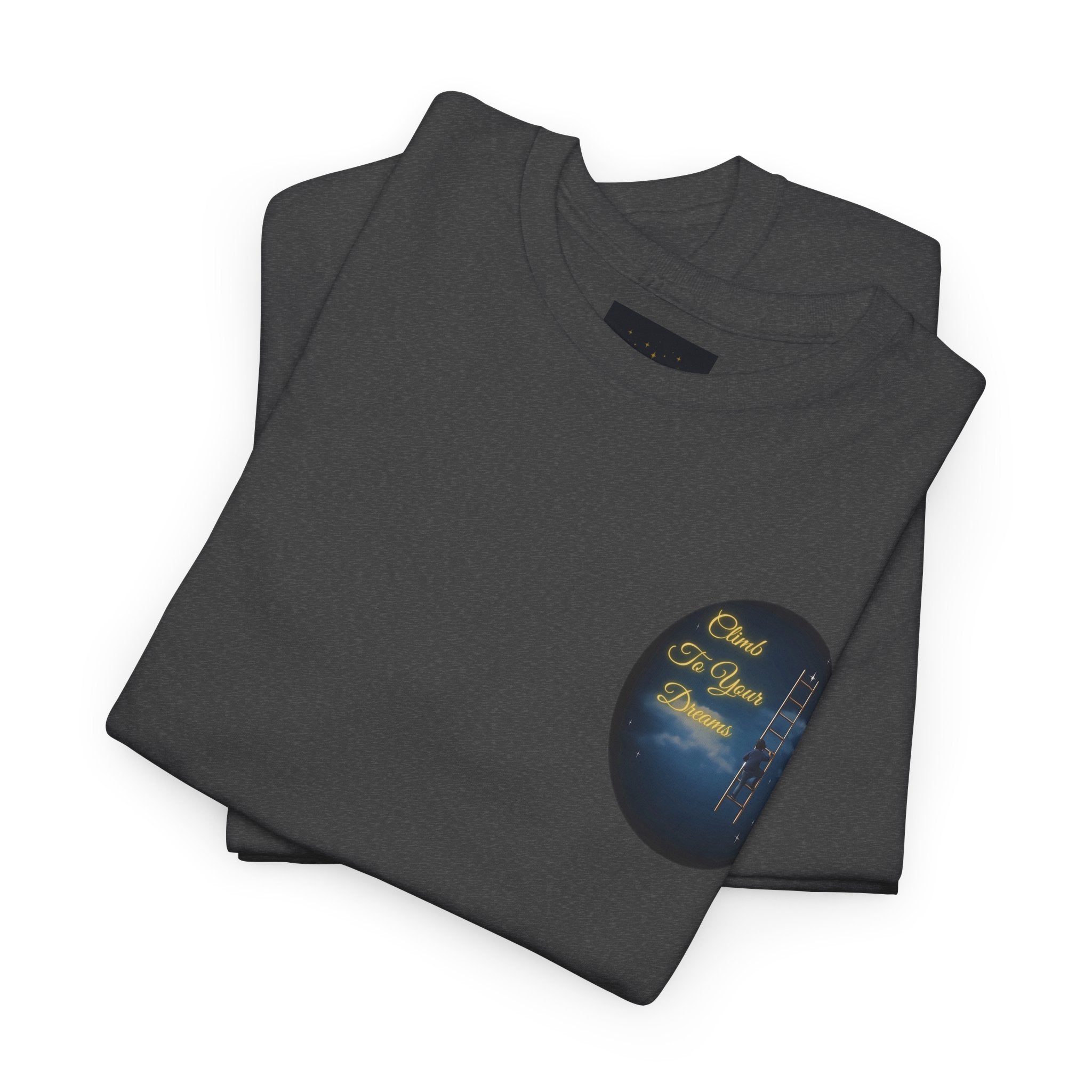 Climb To Your Dreams – Starry Night Ladder Back-Print Tee + Front Badge | Gildan 5000, Inspirational and Motivational Apparel, Gift for Dreamers, Creative Expression Wear