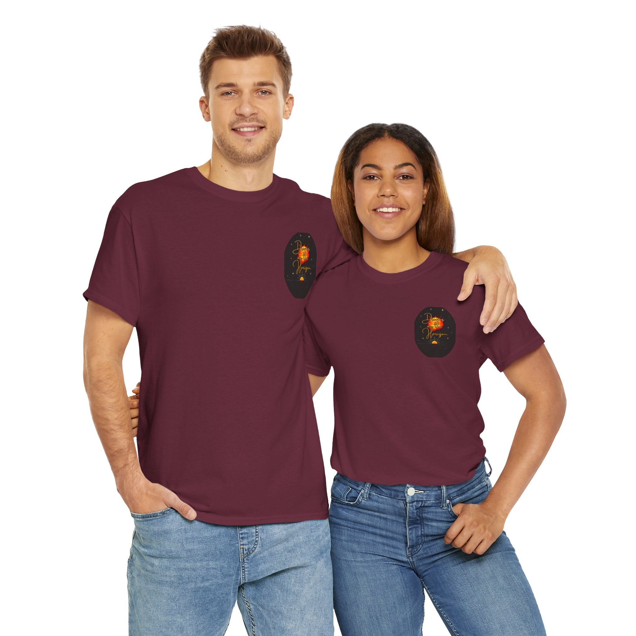Dreams on the Horizon – Sunrise Back-Print Heavy Cotton Tee, Inspirational and Motivational Apparel, Gift for Dreamers, Creative Expression Wear