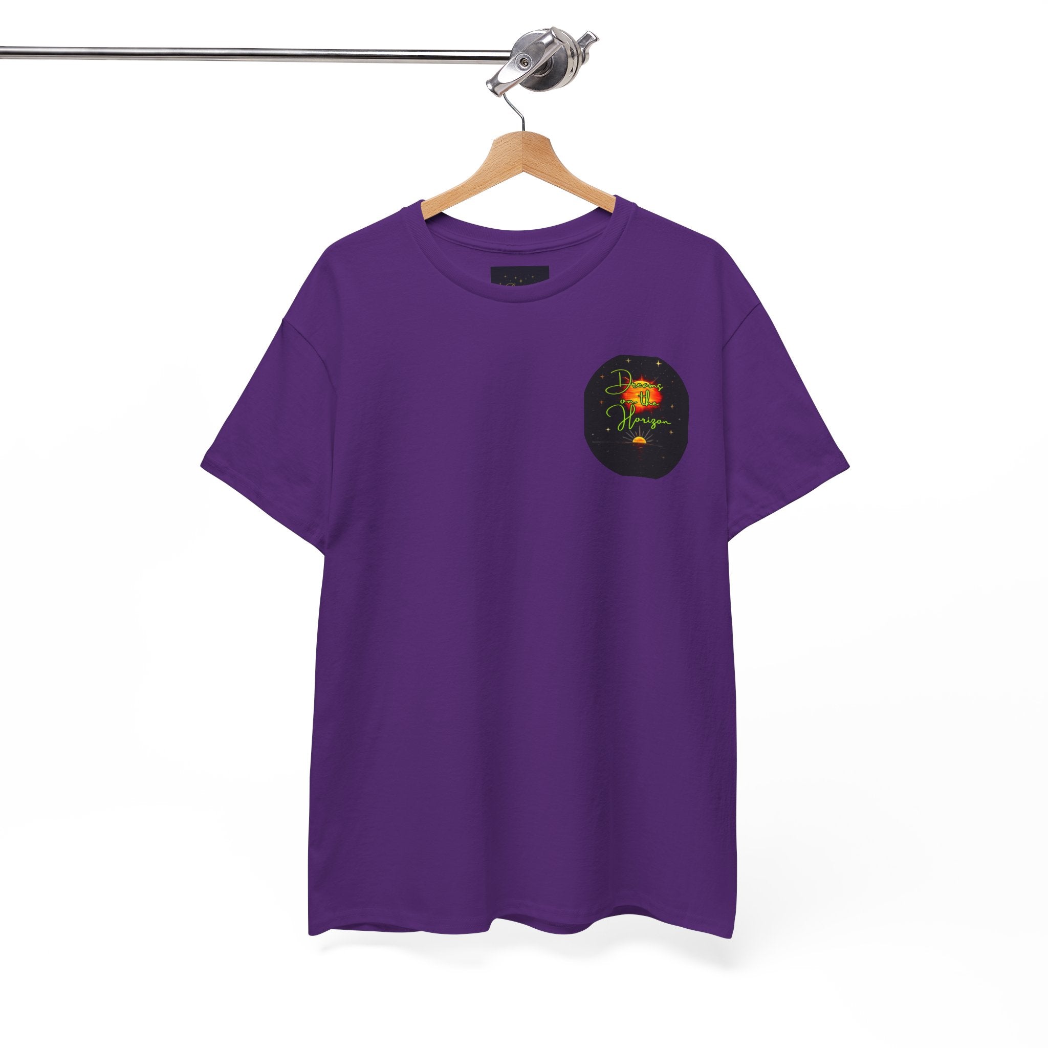 Dreams on the Horizon (Lemongrass) – Sunrise Back-Print Heavy Cotton Tee, Inspirational and Motivational Apparel, Gift for Dreamers, Creative Expression Wear