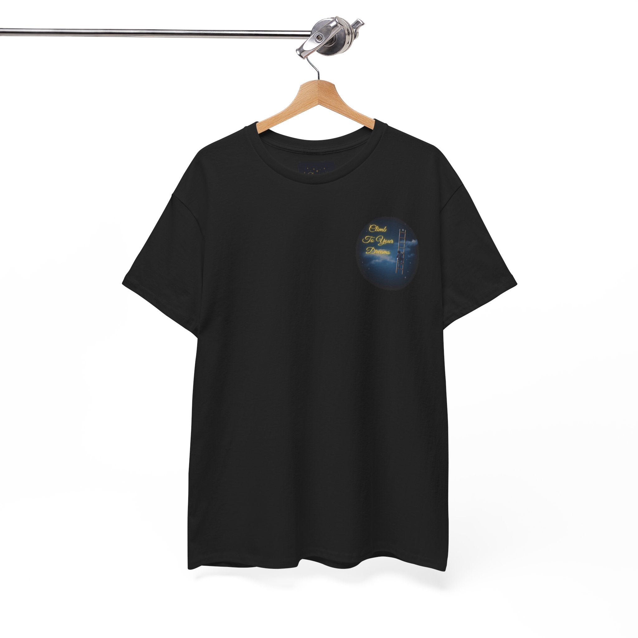 Climb To Your Dreams – Starry Night Ladder Back-Print Tee + Front Badge | Gildan 5000, Inspirational and Motivational Apparel, Gift for Dreamers, Creative Expression Wear