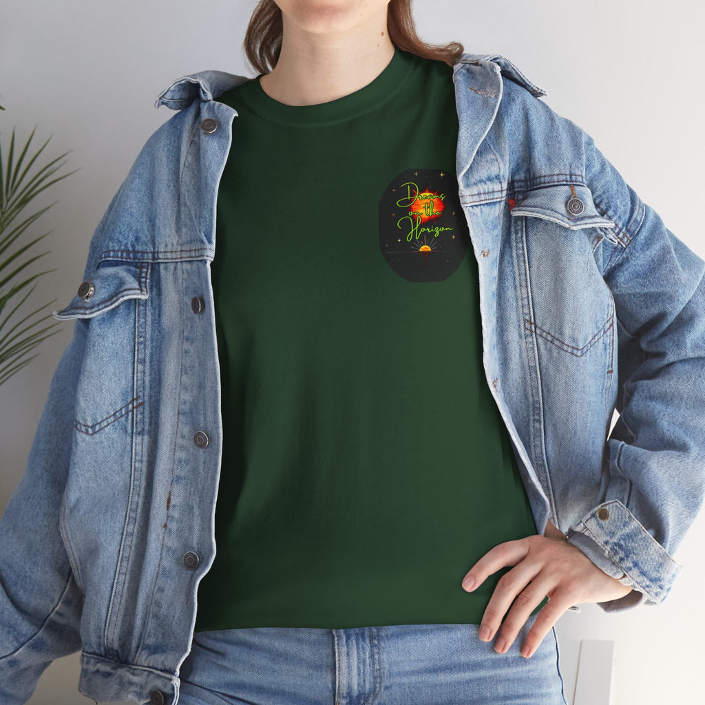 Dreams on the Horizon (Lemongrass) – Sunrise Back-Print Heavy Cotton Tee, Inspirational and Motivational Apparel, Gift for Dreamers, Creative Expression Wear