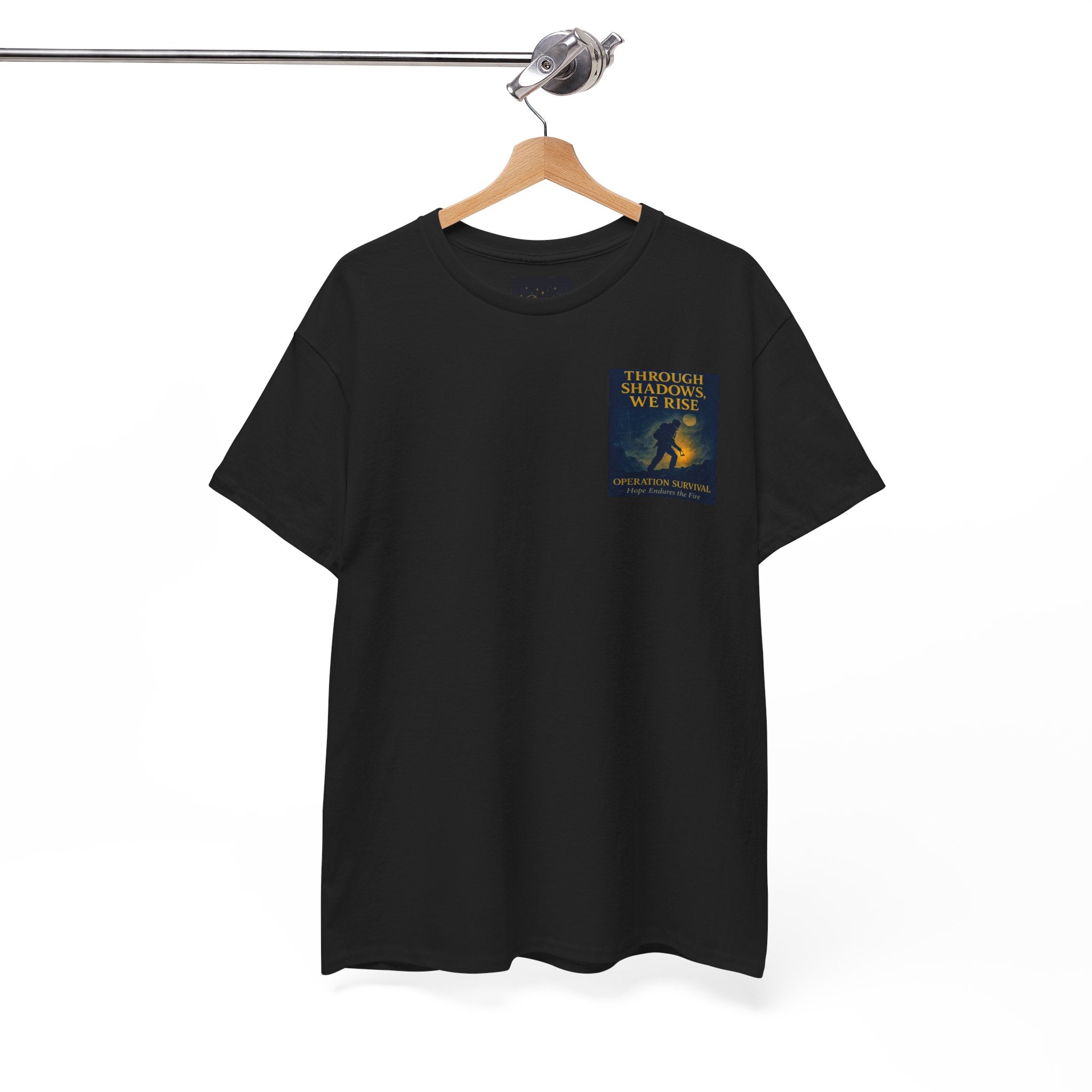 Through Shadows, We Rise - Back-print Cinematic Artwork Operation Survival Tee. Inspirational and Motivational Apparel, Gift for Dreamers, Creative Expression Wear
