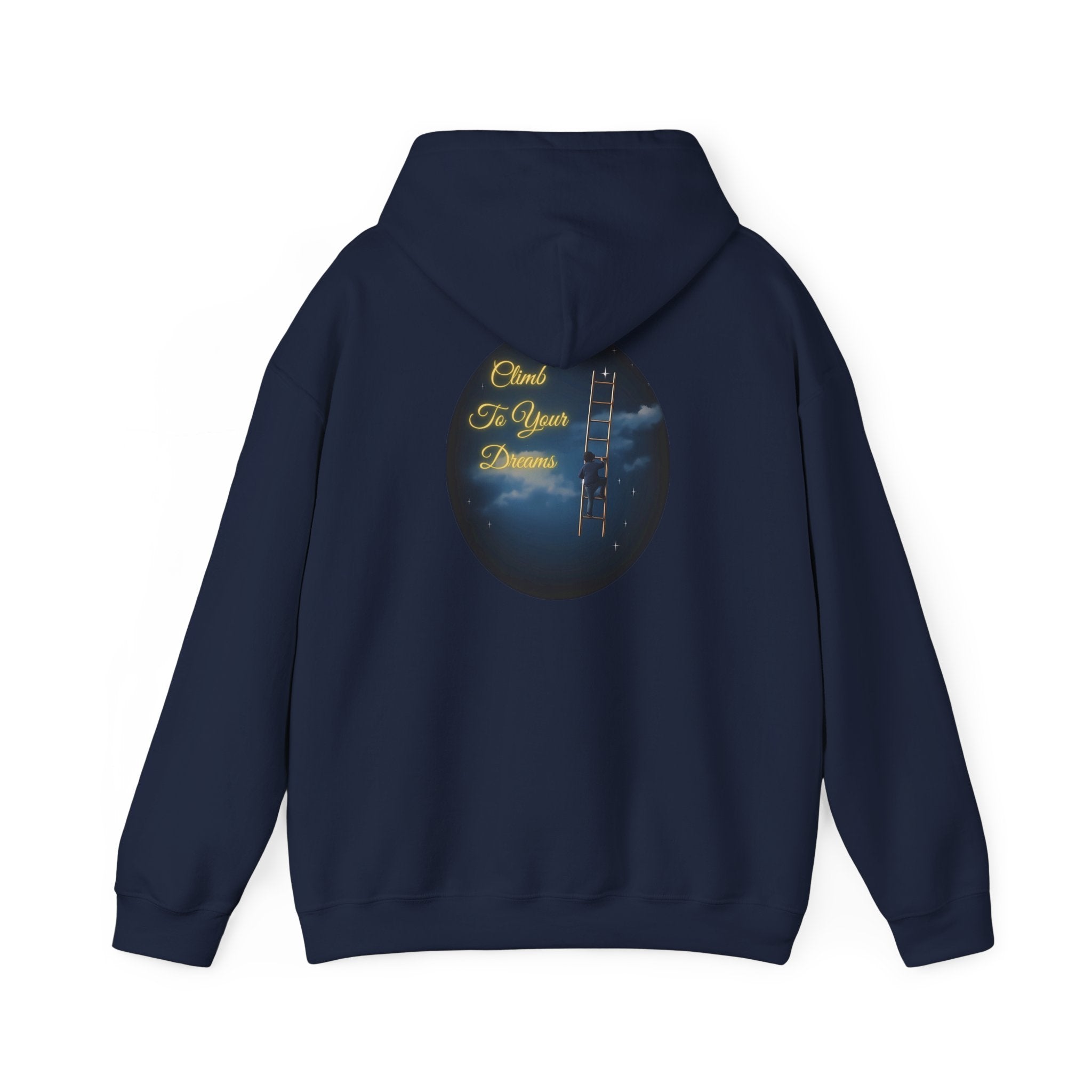 Climb To Your Dreams – Starry Night Ladder-to-Moon Back-Print Hoodie + Front Badge | Gildan 18500, Inspirational and Motivational Apparel, Gift for Dreamers, Creative Expression Wear