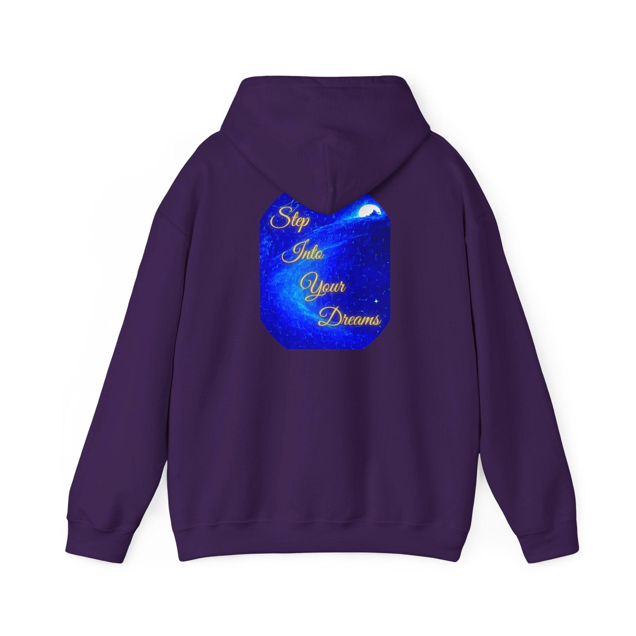 Step Into Your Dreams – Cosmic Gateway Back-print Hoodie | Tiny front badge | Gildan Heavy Blend™. Inspirational and Motivational Apparel, Gift for Dreamers, Creative Expression
