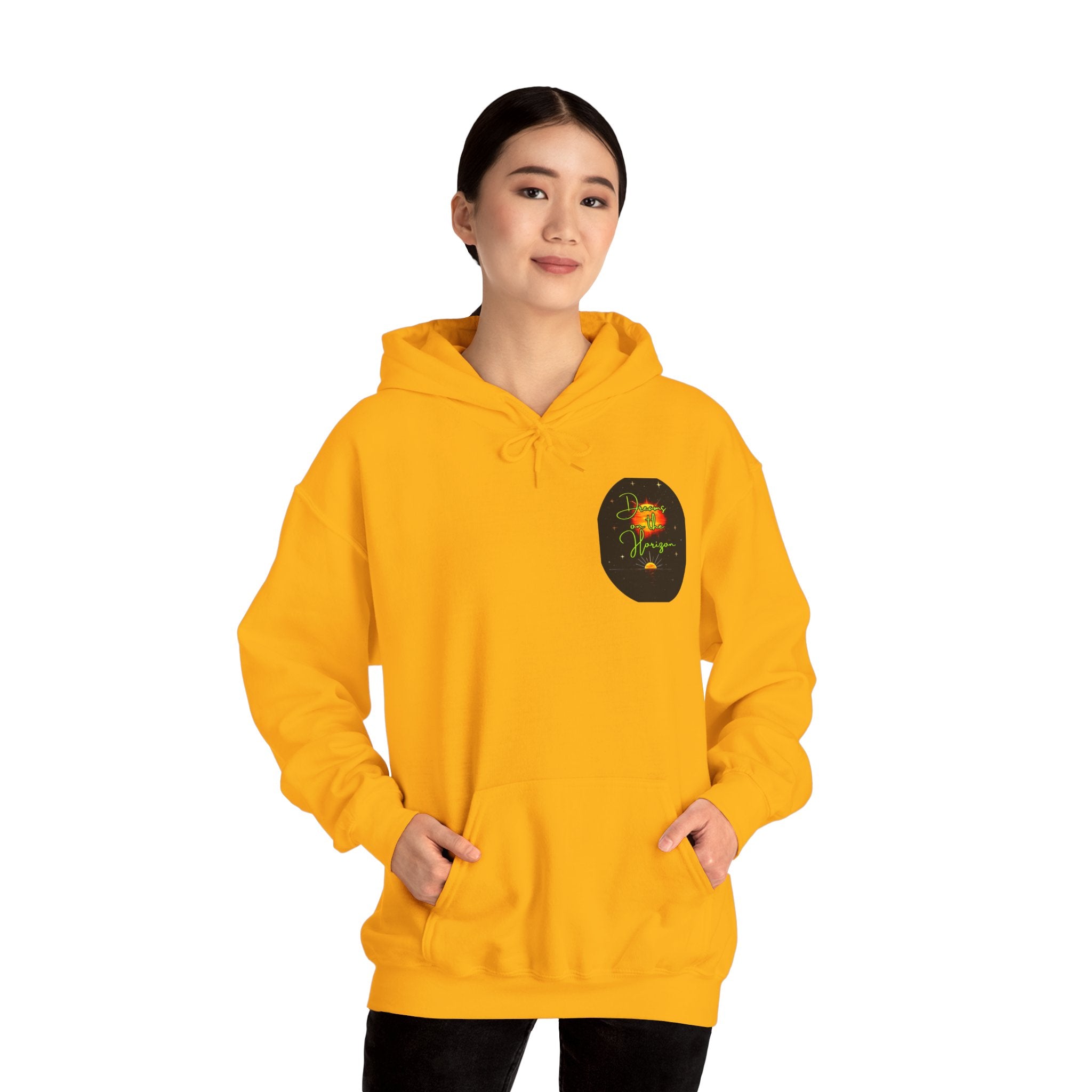 Dreams on the Horizon (Lemongrass) Sunrise Back Print Hooded Sweatshirt, Inspirational and Motivational Apparel, Gift for Dreamers, Creative Expression Wear