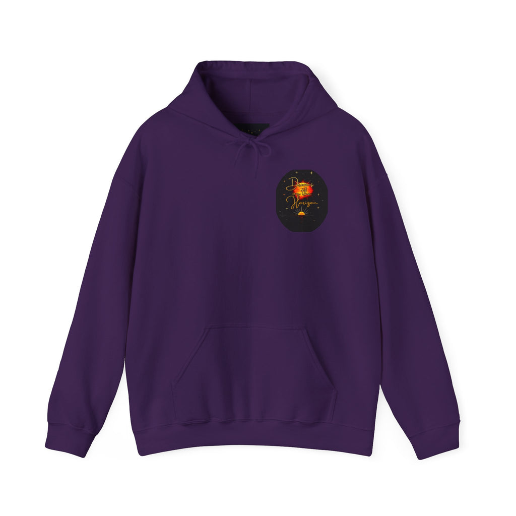 Dreams on the Horizon Sunrise Back Print Hooded Sweatshirt, Inspirational and Motivational Apparel, Gift for Dreamers, Creative Expression Wear