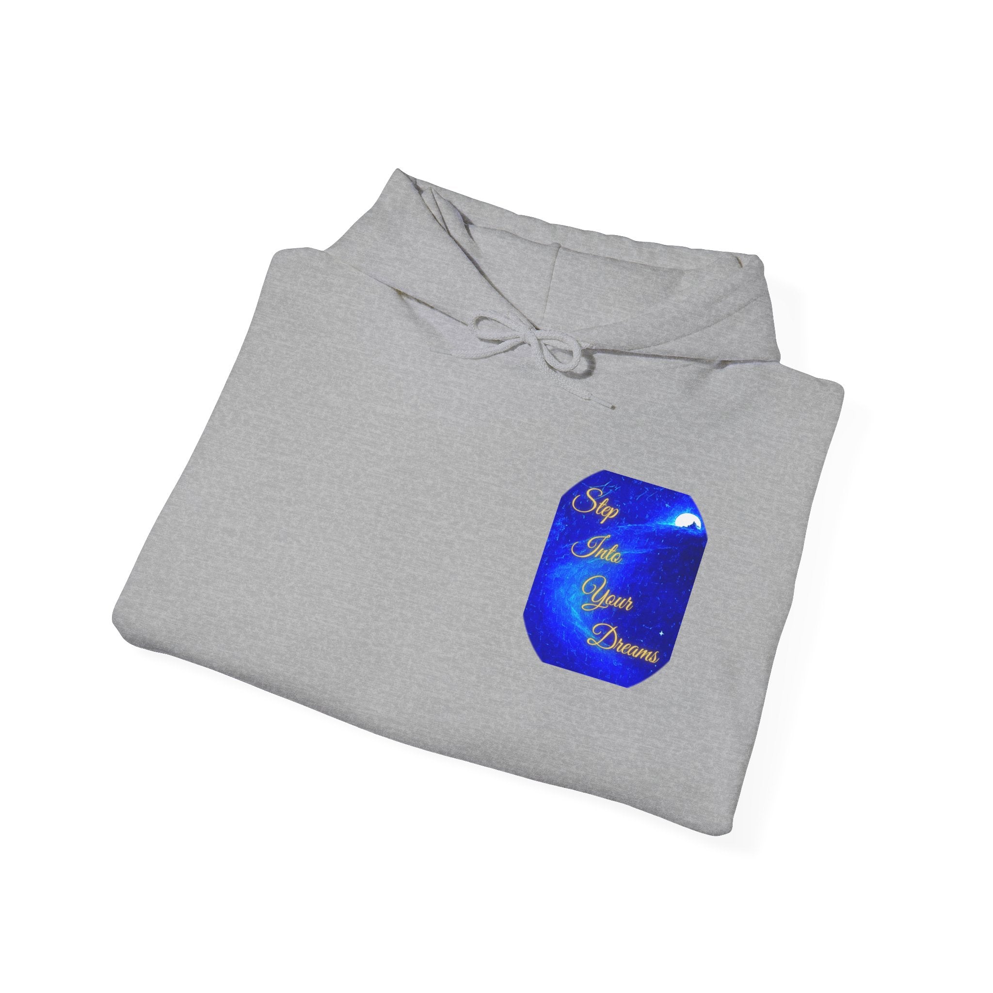 Step Into Your Dreams – Cosmic Gateway Back-print Hoodie | Tiny front badge | Gildan Heavy Blend™. Inspirational and Motivational Apparel, Gift for Dreamers, Creative Expression
