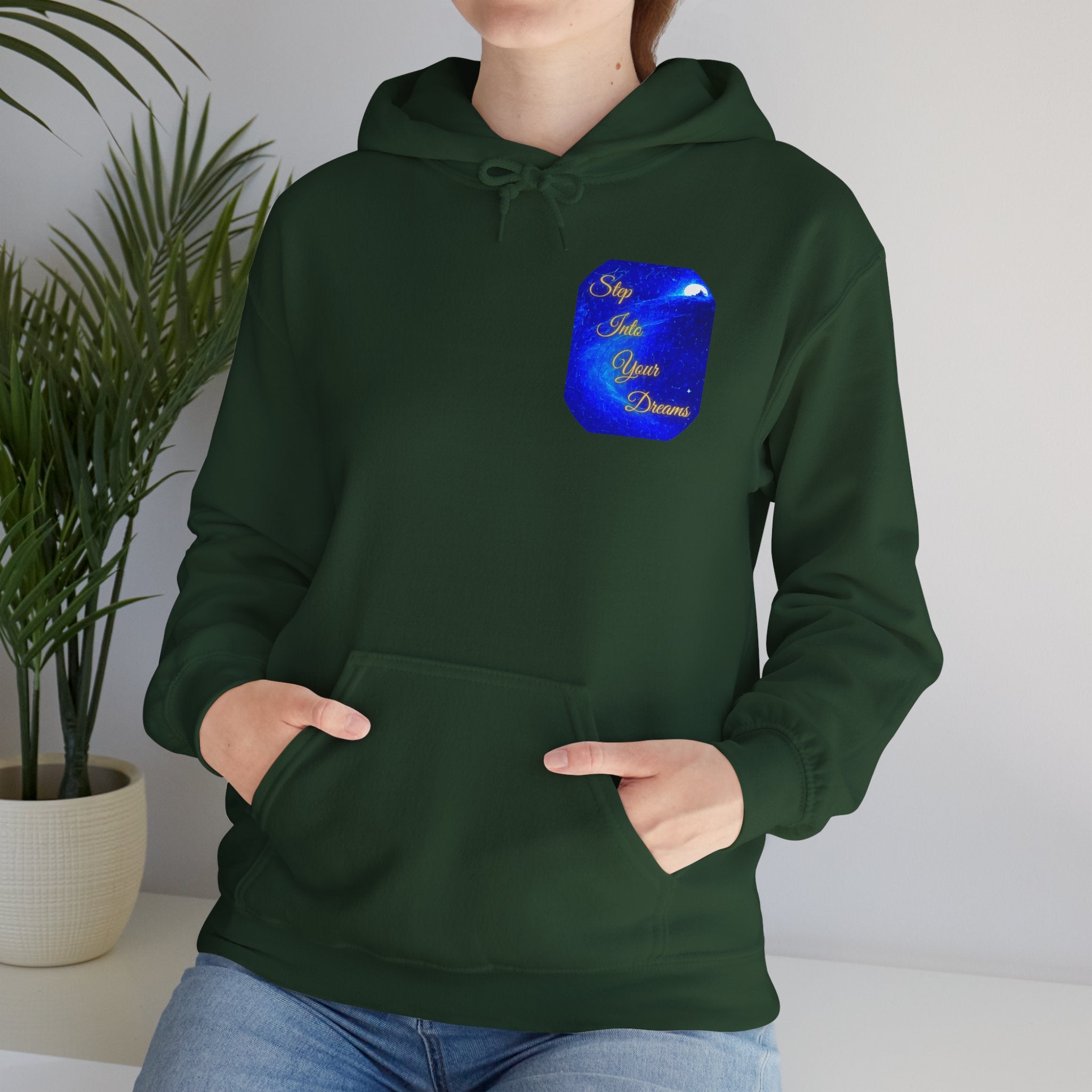 Step Into Your Dreams – Cosmic Gateway Back-print Hoodie | Tiny front badge | Gildan Heavy Blend™. Inspirational and Motivational Apparel, Gift for Dreamers, Creative Expression