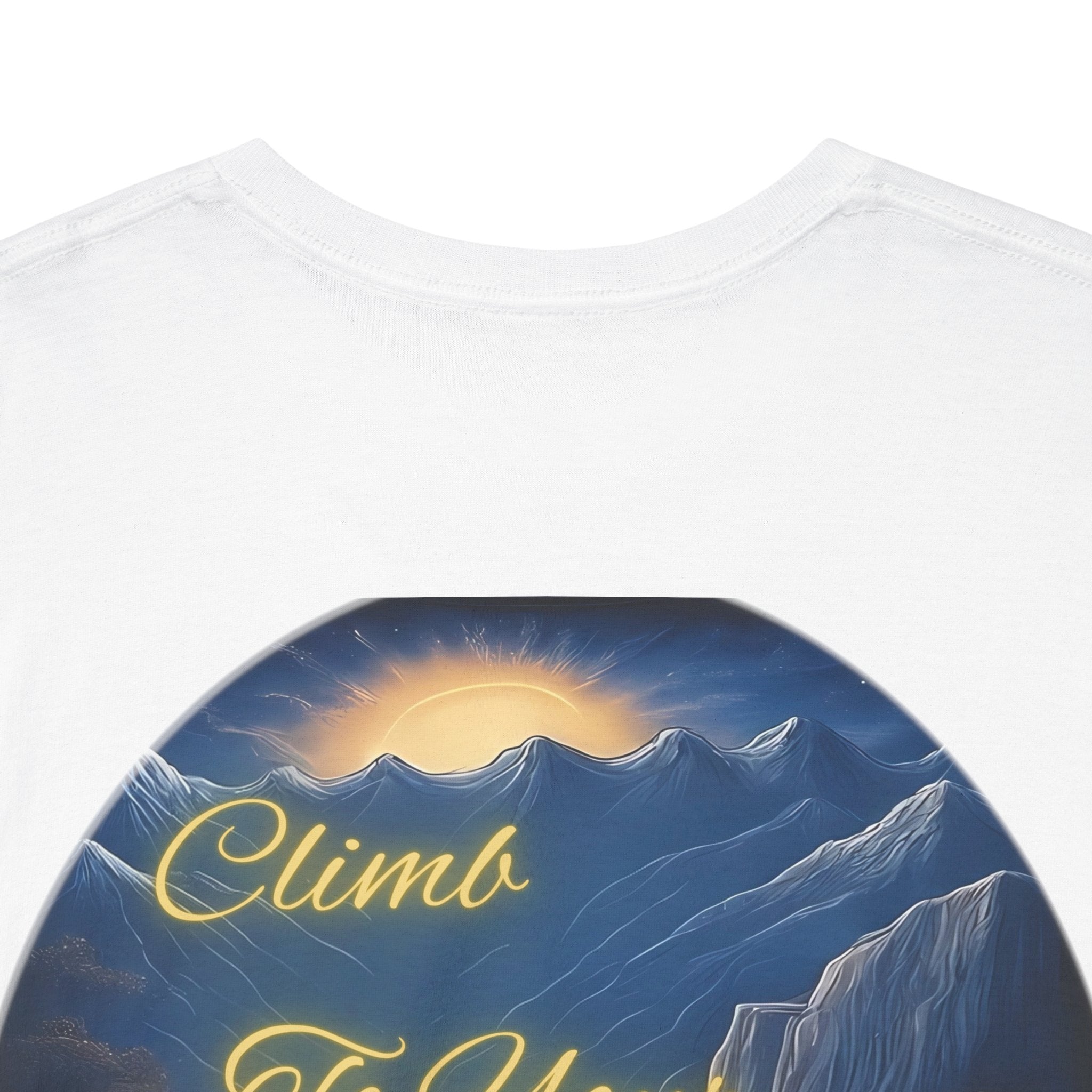Climb To Your Dreams – Rock Climber Back-Print Tee + Front Badge | Gildan 5000, Inspirational and Motivational Apparel, Gift for Dreamers, Creative Expression Wear