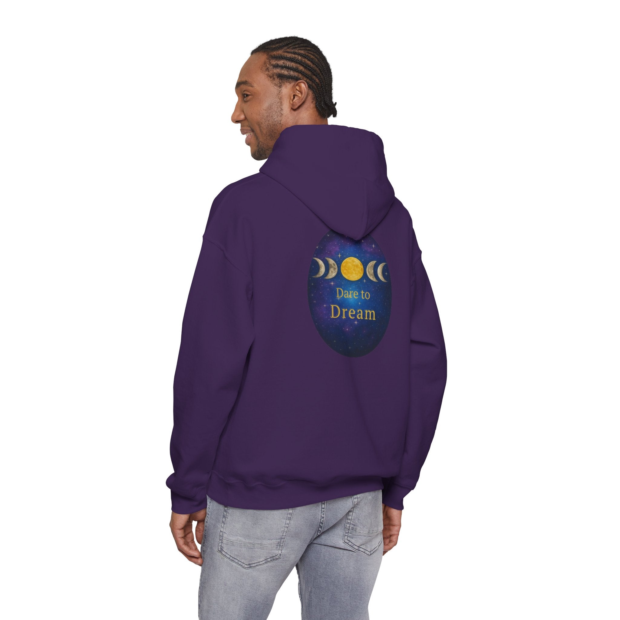 Dare to Dream Moon-Phase Hoodie | Back Glow Print + Front Badge | Heavy Blend™, Inspirational and Motivational Apparel, Gift for Dreamers, Creative Expression Wear