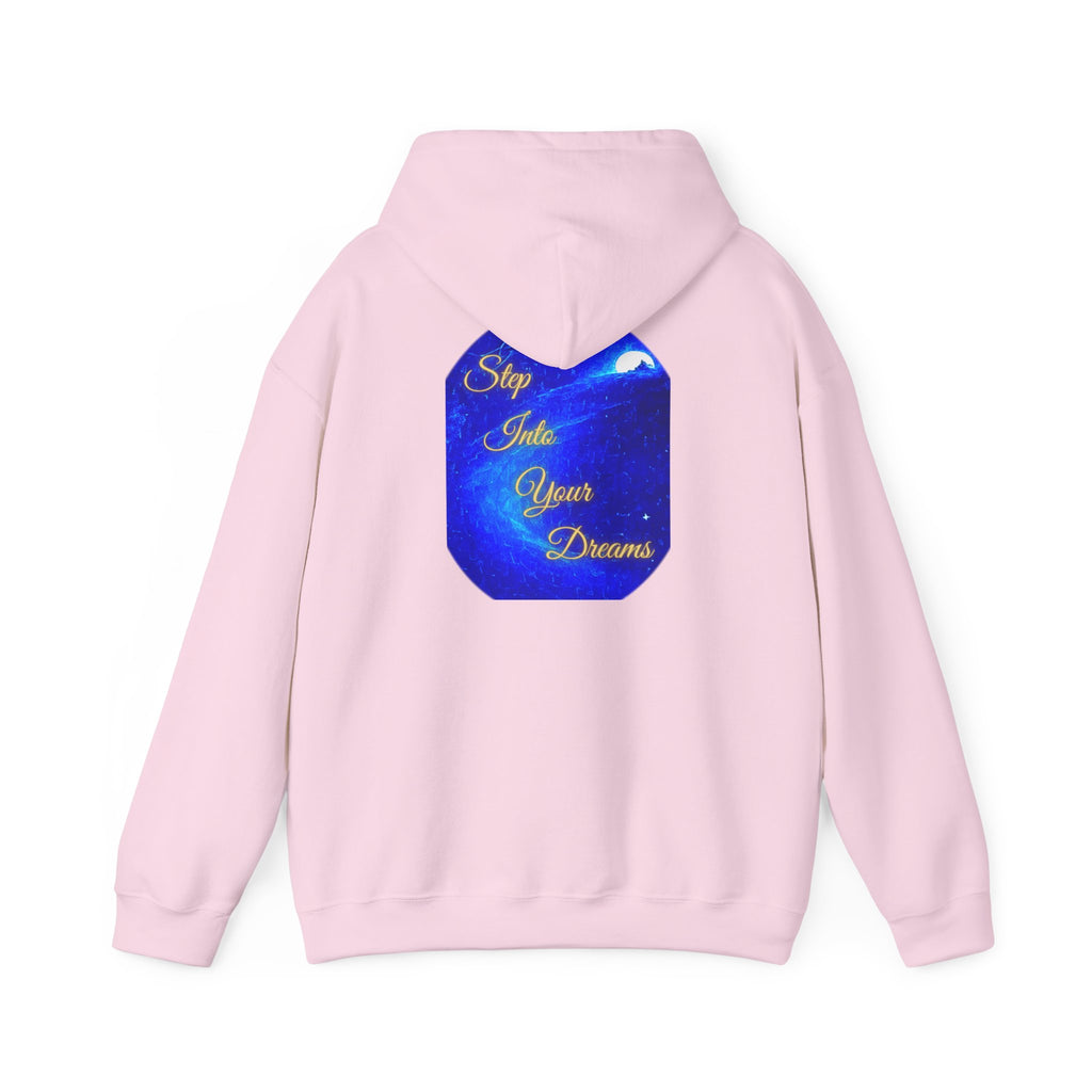 Step Into Your Dreams – Cosmic Gateway Back-print Hoodie | Tiny front badge | Gildan Heavy Blend™. Inspirational and Motivational Apparel, Gift for Dreamers, Creative Expression