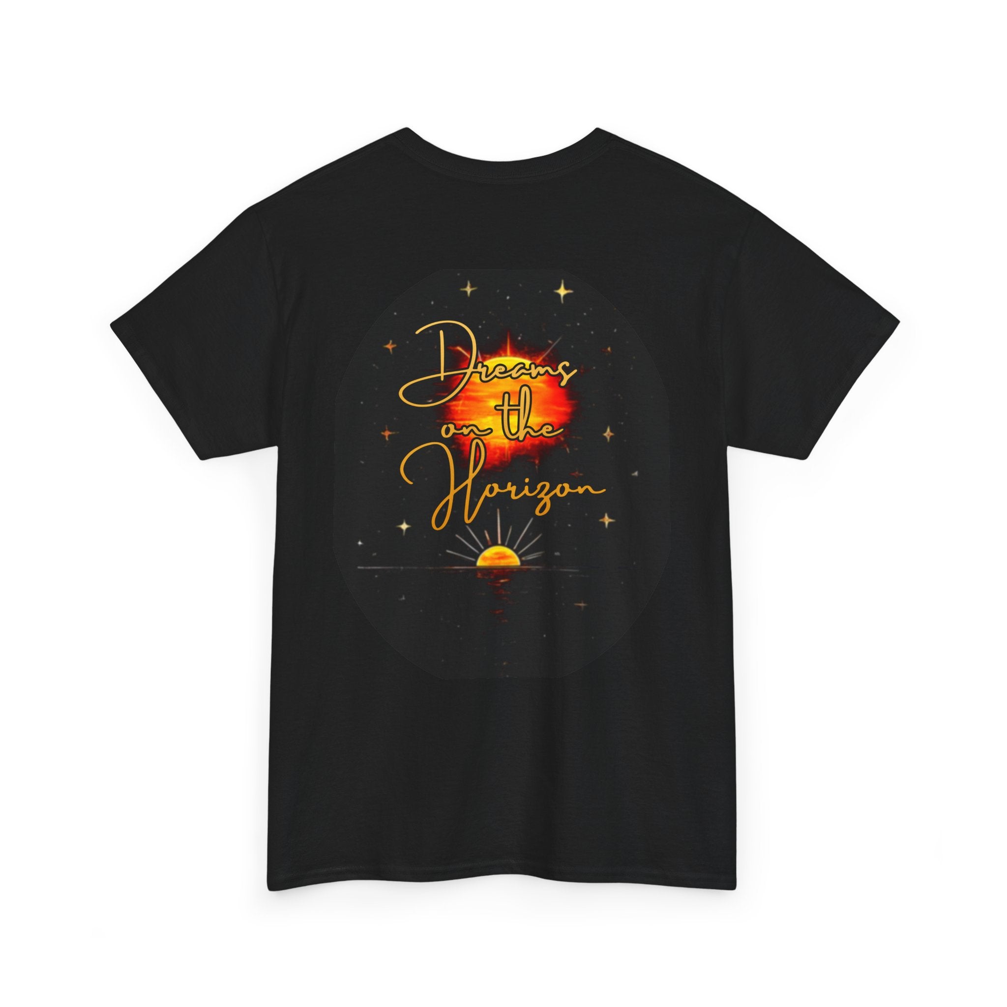 Dreams on the Horizon – Sunrise Back-Print Heavy Cotton Tee, Inspirational and Motivational Apparel, Gift for Dreamers, Creative Expression Wear