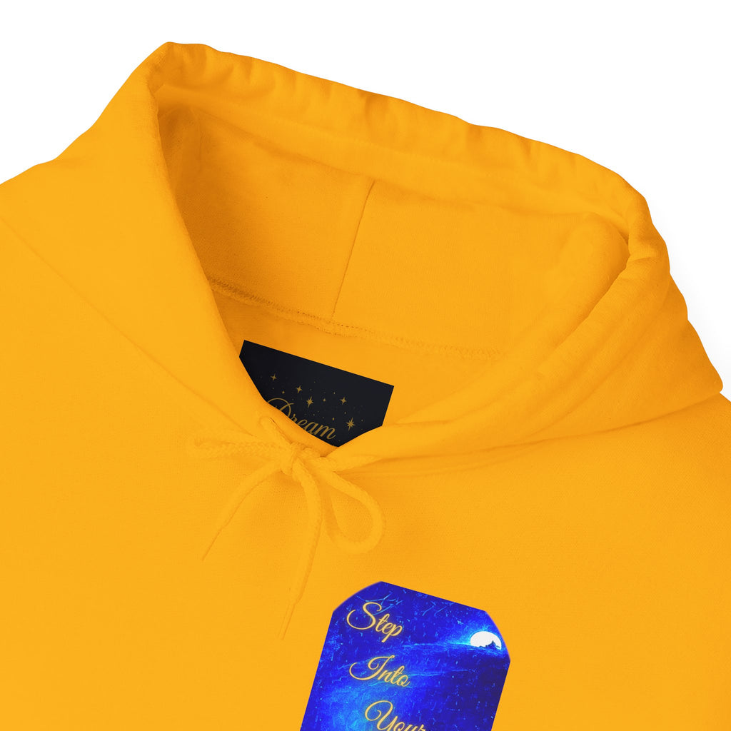 Step Into Your Dreams – Cosmic Gateway Back-print Hoodie | Tiny front badge | Gildan Heavy Blend™. Inspirational and Motivational Apparel, Gift for Dreamers, Creative Expression