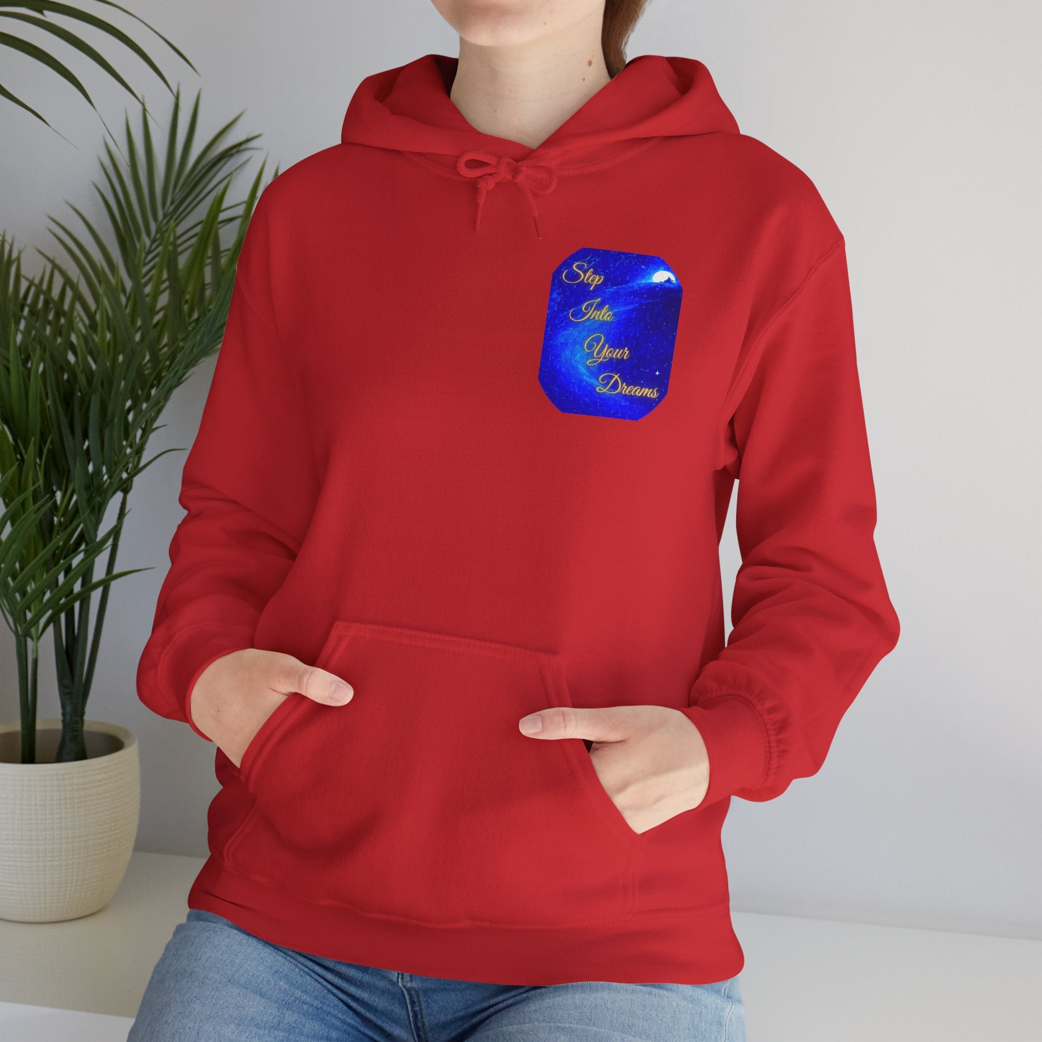 Step Into Your Dreams – Cosmic Gateway Back-print Hoodie | Tiny front badge | Gildan Heavy Blend™. Inspirational and Motivational Apparel, Gift for Dreamers, Creative Expression