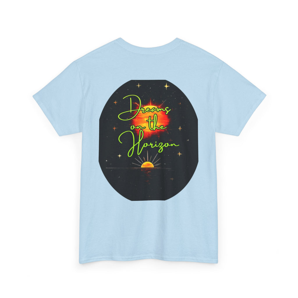 Dreams on the Horizon (Lemongrass) – Sunrise Back-Print Heavy Cotton Tee, Inspirational and Motivational Apparel, Gift for Dreamers, Creative Expression Wear