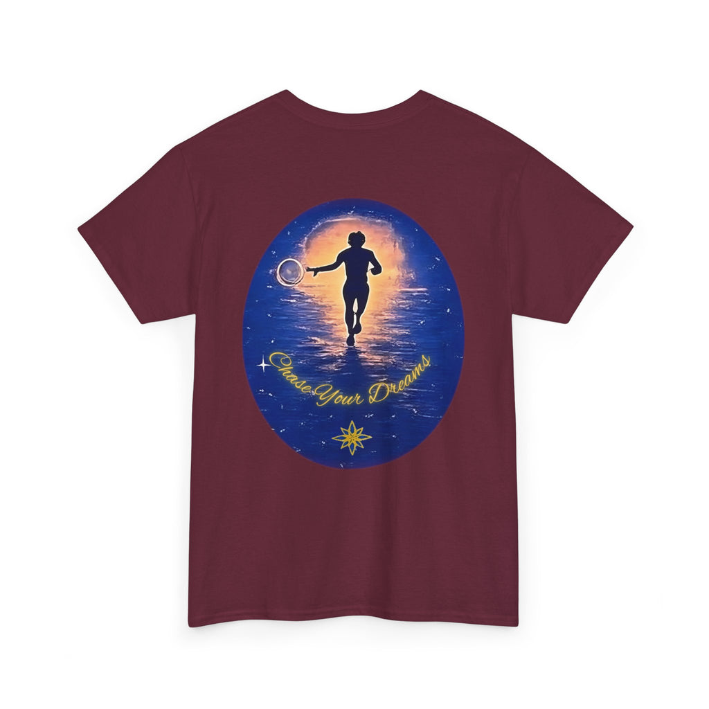 Chase Your Dreams – Sunrise Silhouette Back Printed Heavy Cotton Tee, Inspirational and Motivational Apparel, Gift for Dreamers, Creative Expression Wear