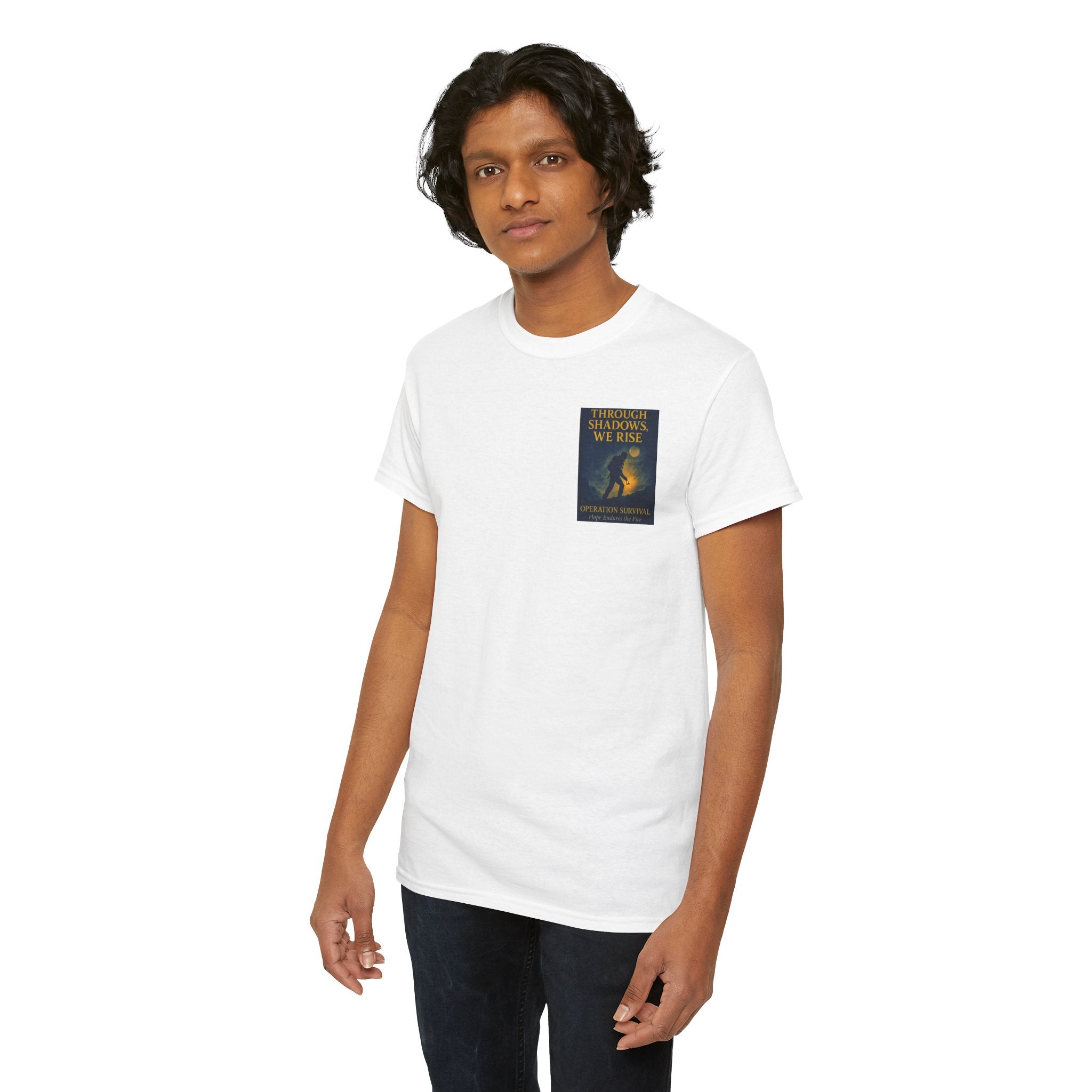 Through Shadows, We Rise - Back-print Cinematic Artwork Operation Survival Tee. Inspirational and Motivational Apparel, Gift for Dreamers, Creative Expression Wear