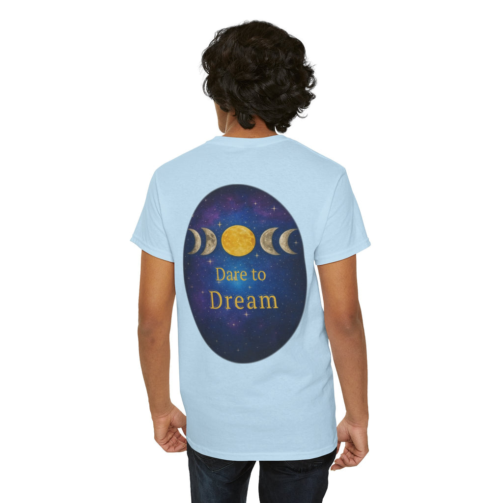 Dare to Dream Moon-Phase Tee – Golden Full Moon Back Print + Front Badge | Gildan 5000 Heavy Cotton, Inspirational and Motivational Apparel, Gift for Dreamers, Creative Expression Wear