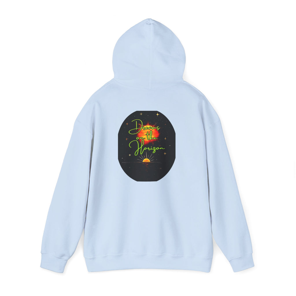 Dreams on the Horizon (Lemongrass) Sunrise Back Print Hooded Sweatshirt, Inspirational and Motivational Apparel, Gift for Dreamers, Creative Expression Wear