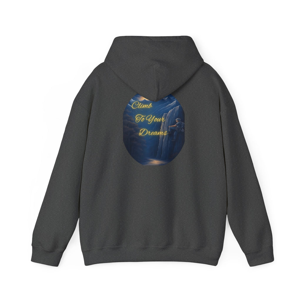 Climb To Your Dreams - Mountain Sunrise Hoodie | Back Glow Print + Front Badge | Heavy Blend™, Inspirational and Motivational Apparel, Gift for Dreamers, Creative Expression Wear