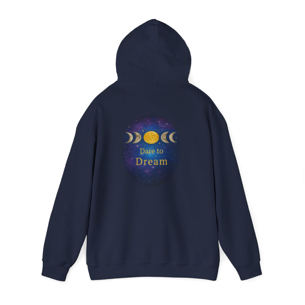 Dare to Dream Moon-Phase Hoodie | Back Glow Print + Front Badge | Heavy Blend™, Inspirational and Motivational Apparel, Gift for Dreamers, Creative Expression Wear