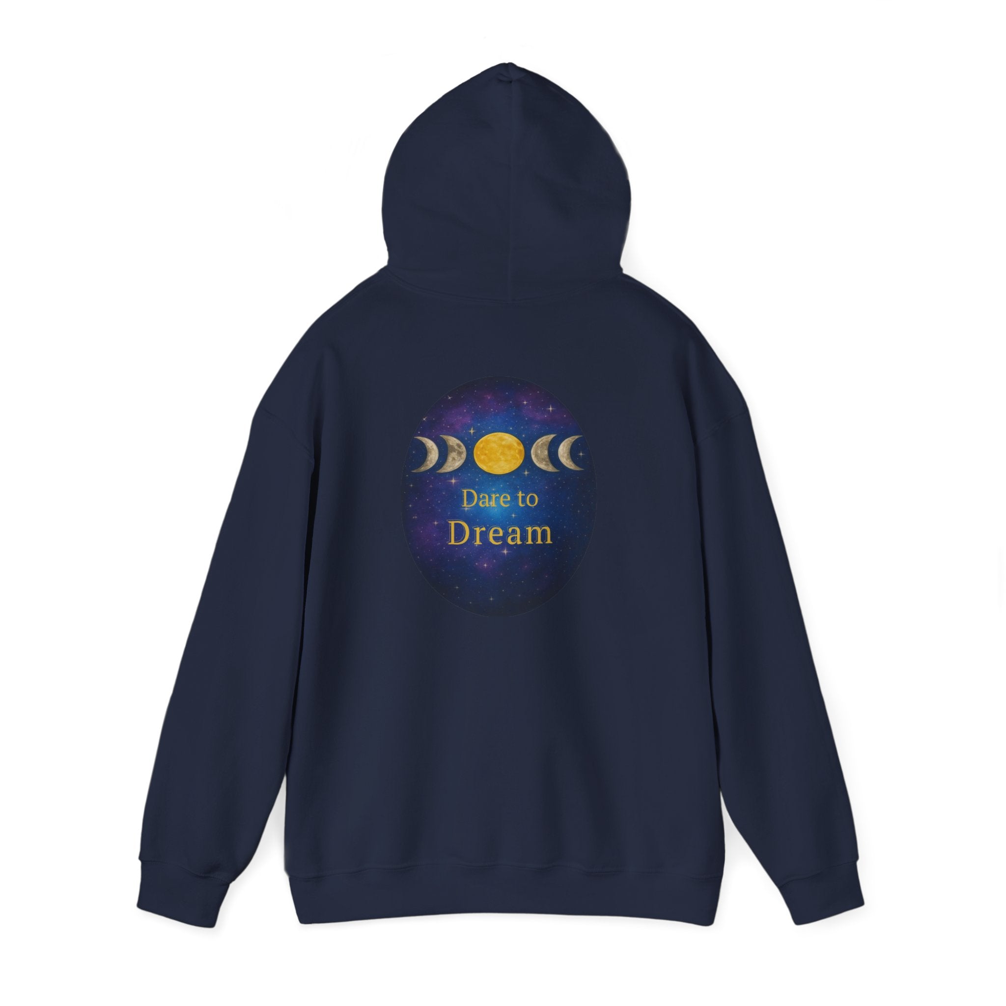 Dare to Dream Moon-Phase Hoodie | Back Glow Print + Front Badge | Heavy Blend™, Inspirational and Motivational Apparel, Gift for Dreamers, Creative Expression Wear